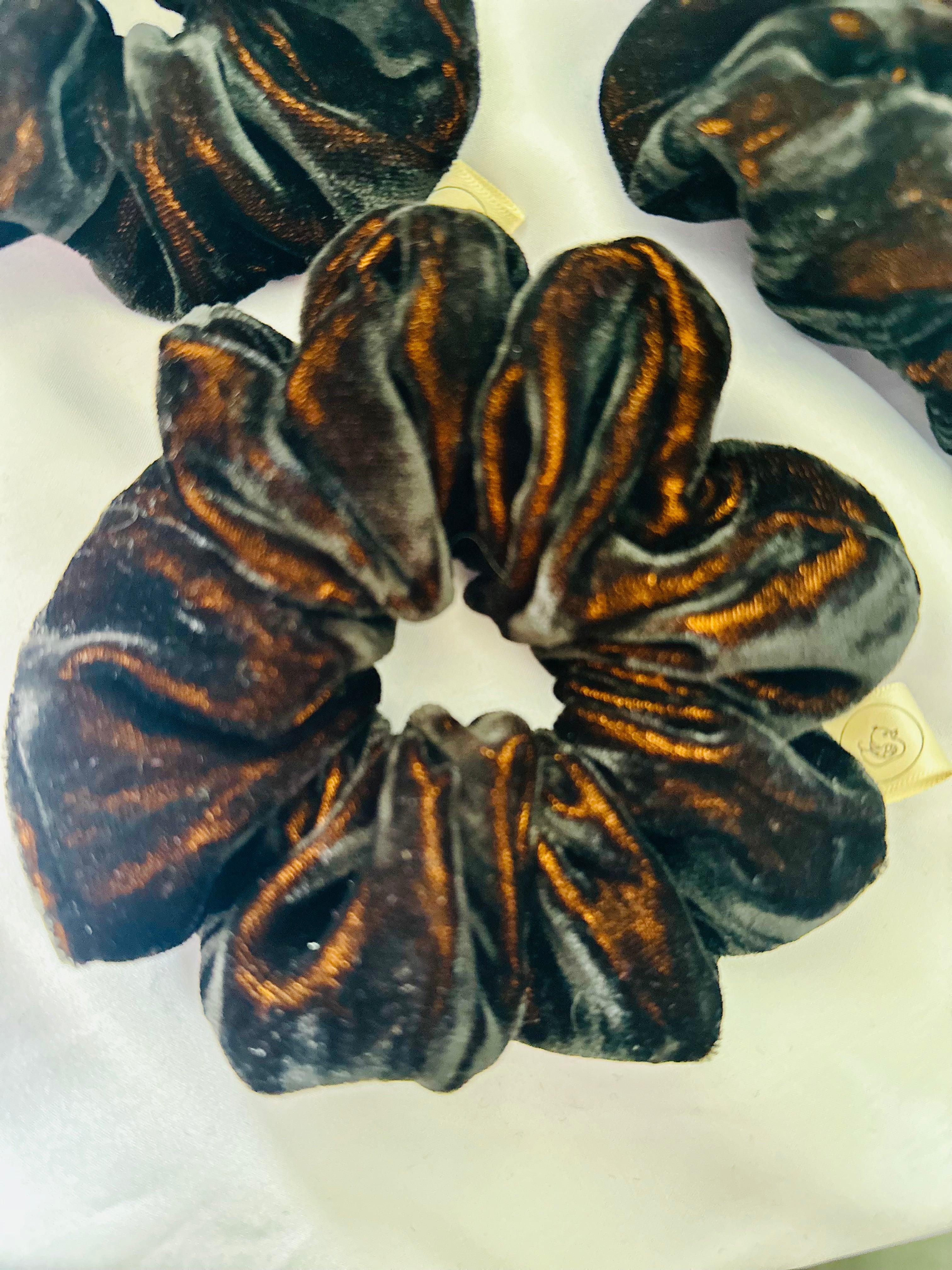Black and Gold crushed velvet hair scrunchie
