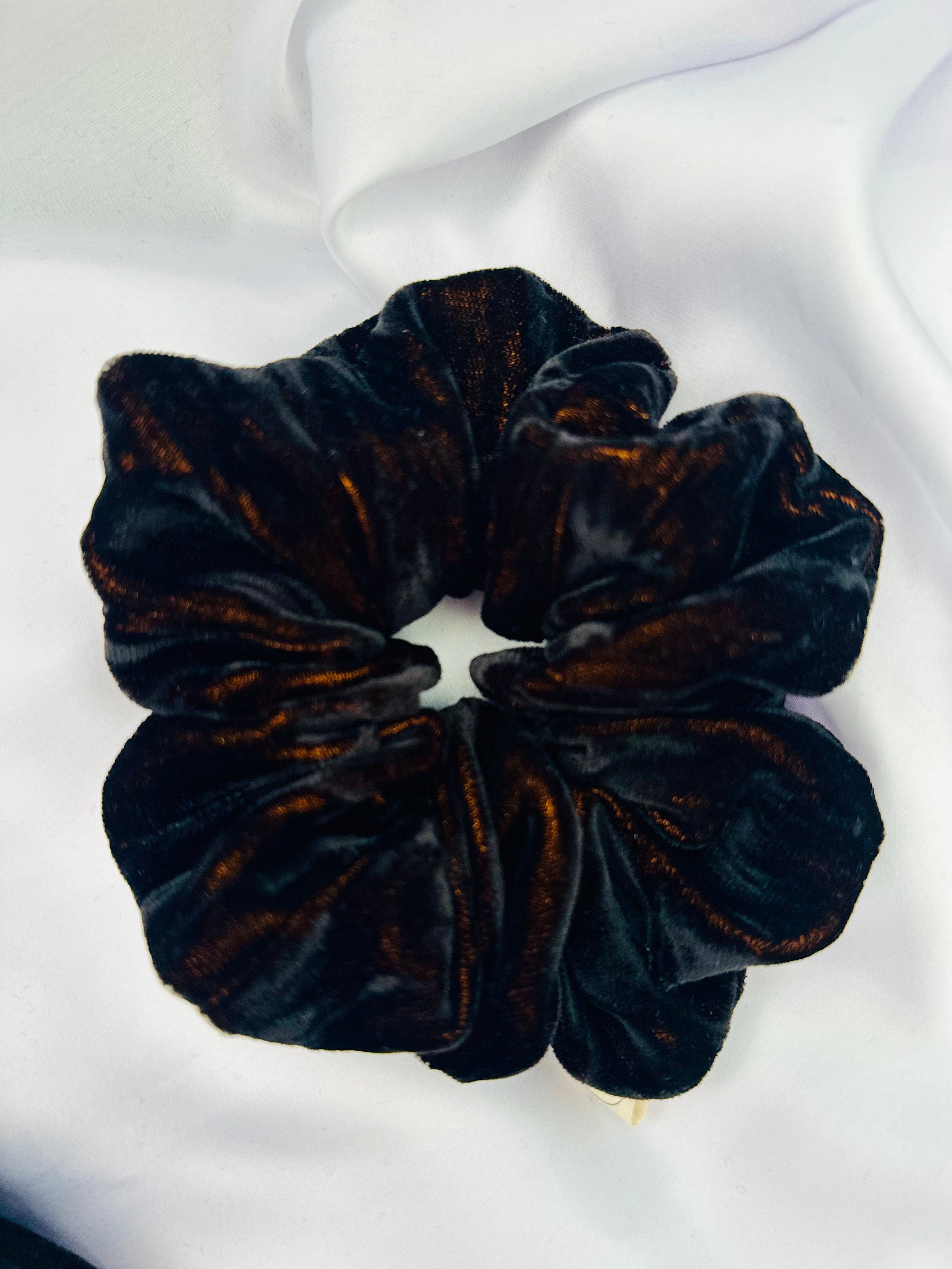 Black and Gold crushed velvet hair scrunchie