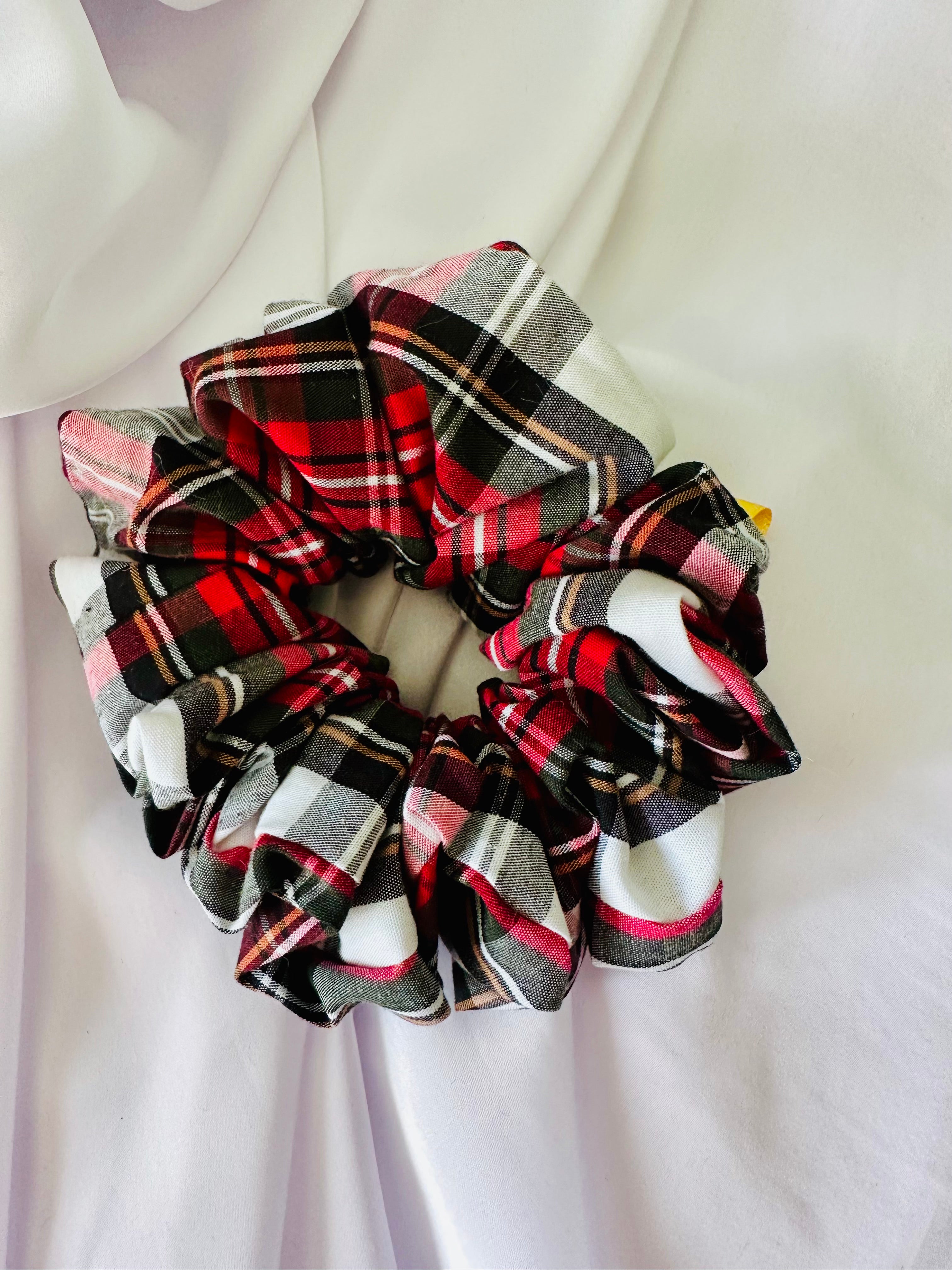 White red and green Tartan Hair Scrunchie