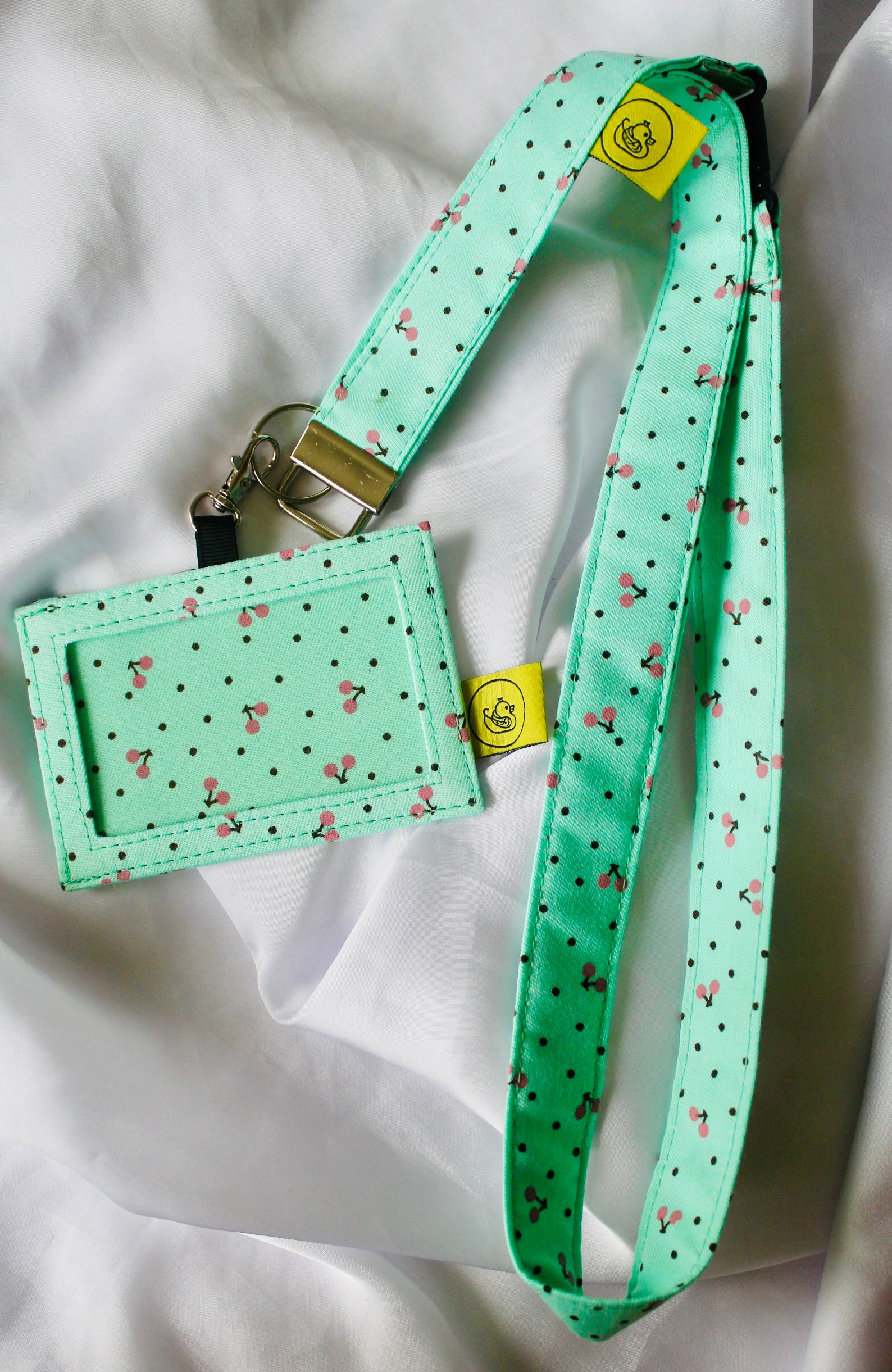 Green polka dot with Cherries Cotton Landyard and ID Holder