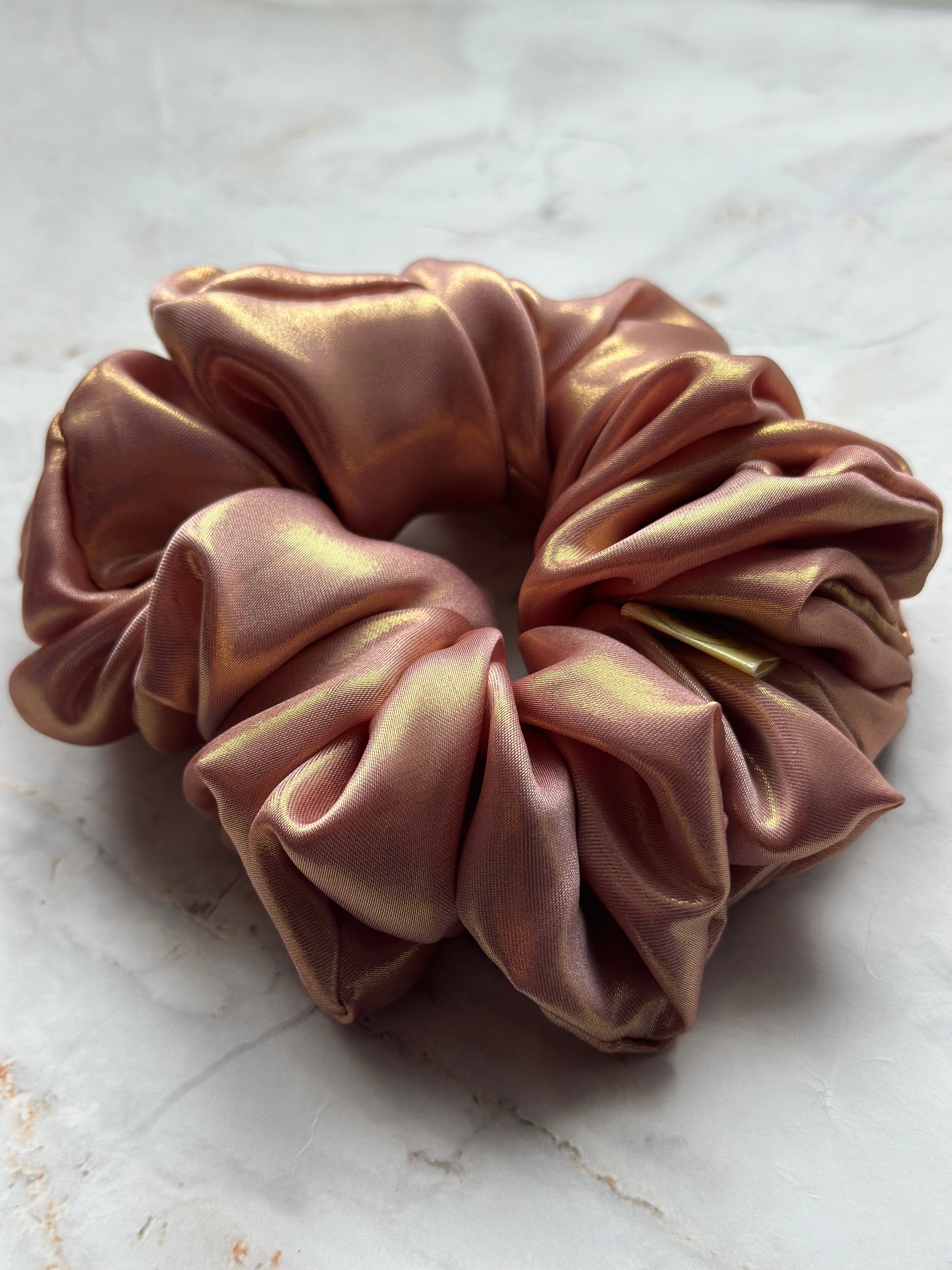 Pretty in Pink metallic Satin Large hair scrunchie