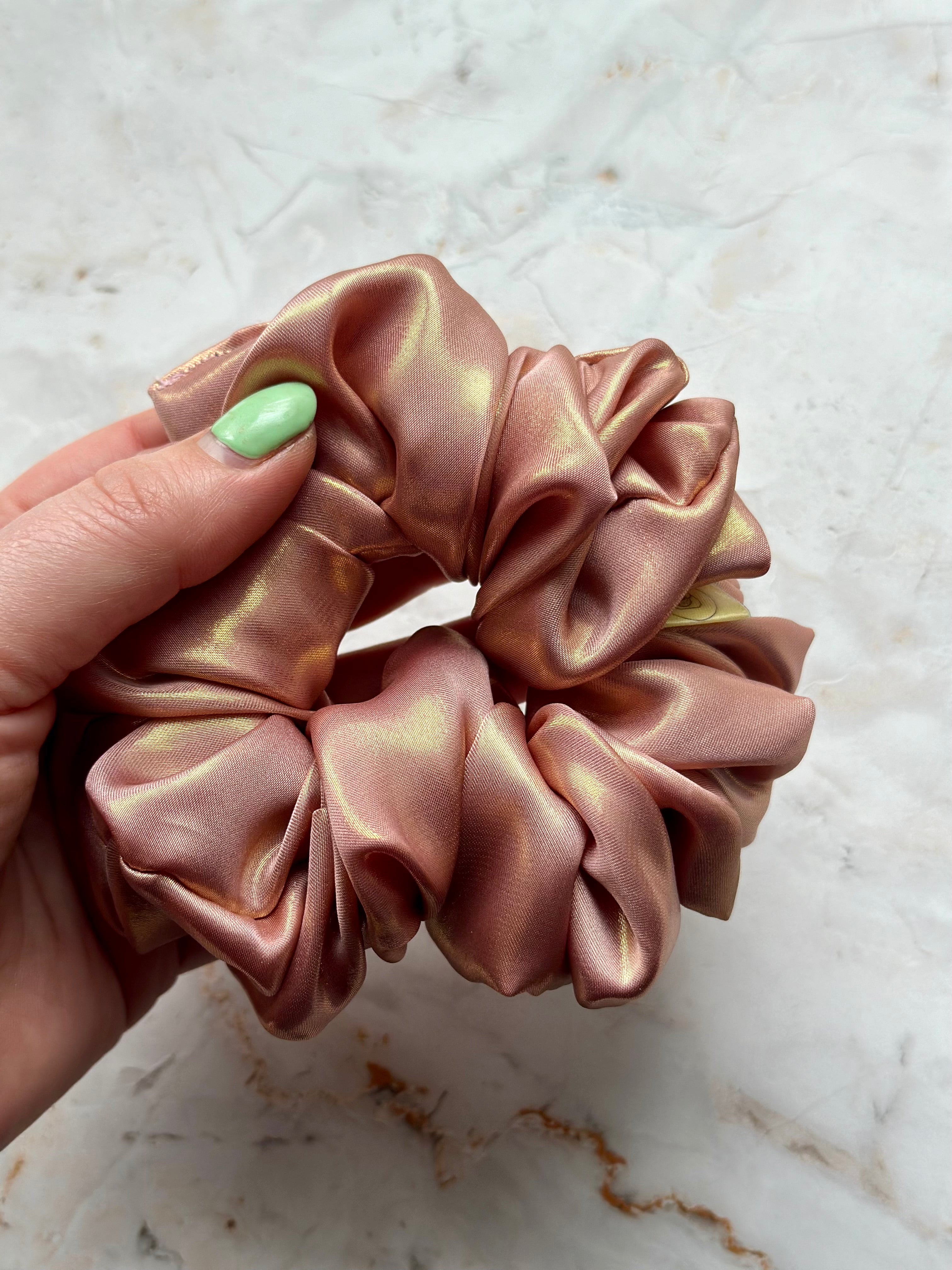 Pretty in Pink metallic Satin Large hair scrunchie