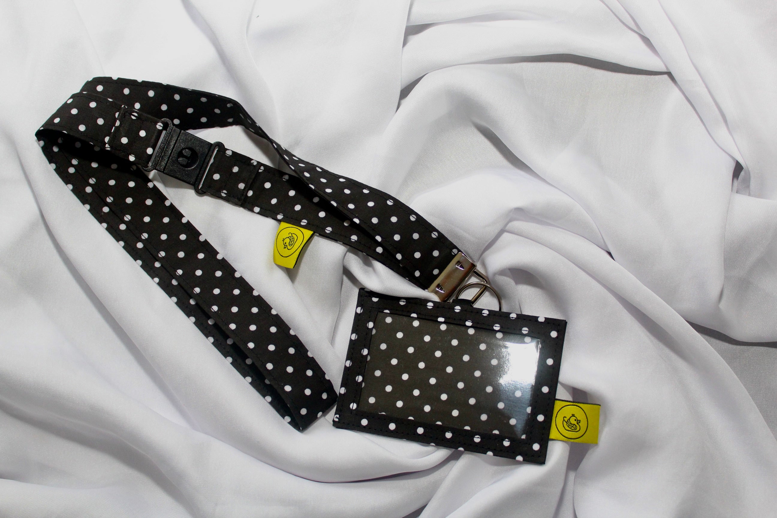 Black and White Polka Dot Cotton Landyard and ID Holder
