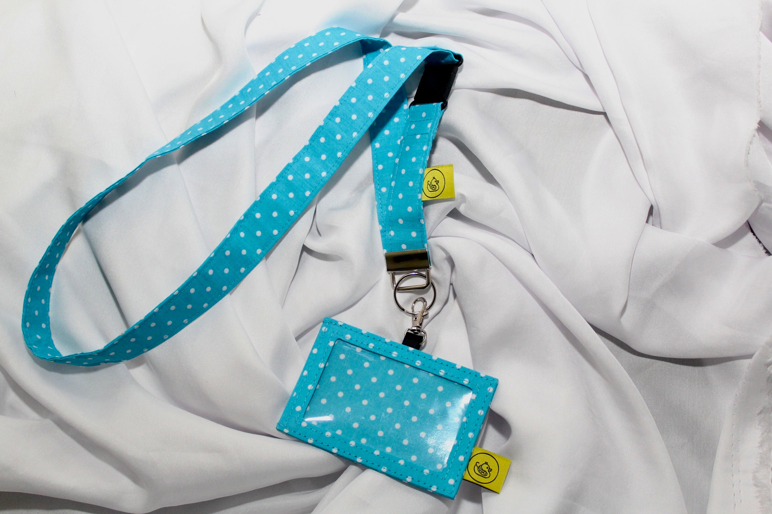 Turquoise and White Polka Dot Cotton Landyard and ID Holder