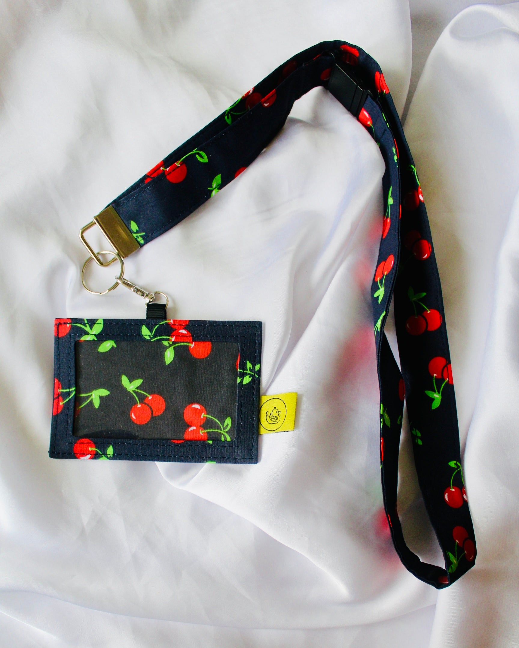 Navy Blue Cherries Cotton Landyard and ID Holder