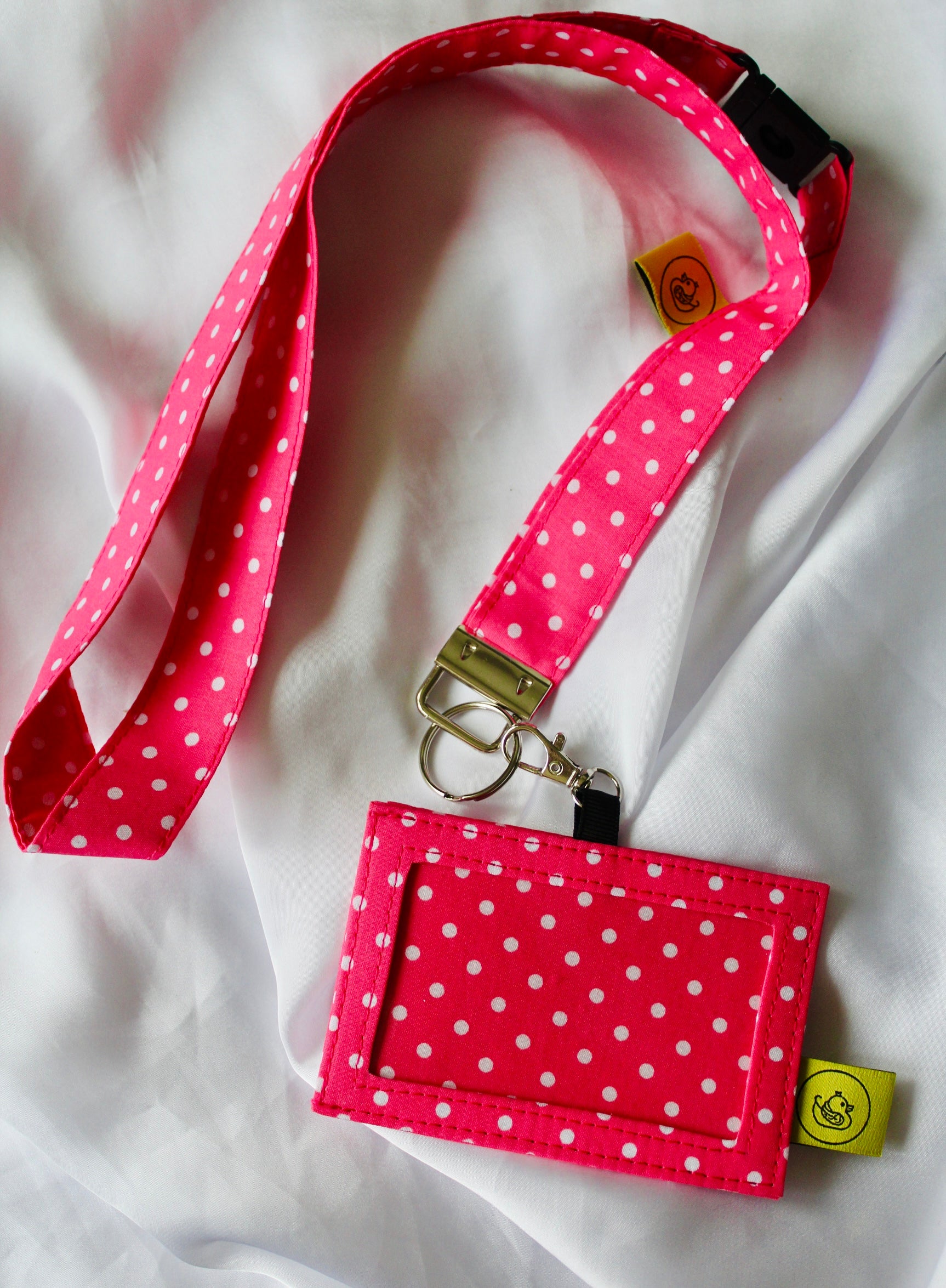 Pink and white polka dot Cotton Landyard and ID Holder