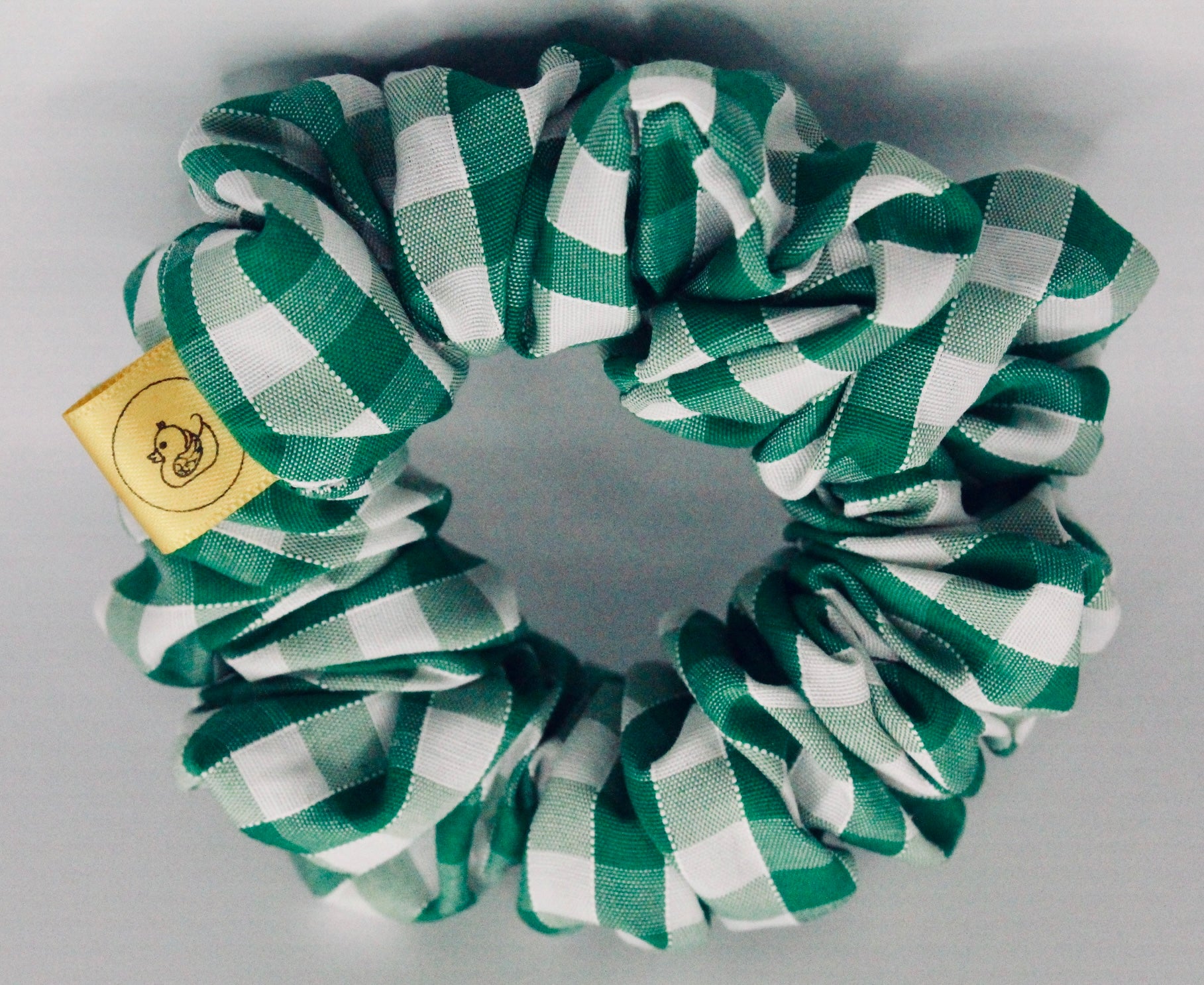 Green and white gingham check hair scrunchie