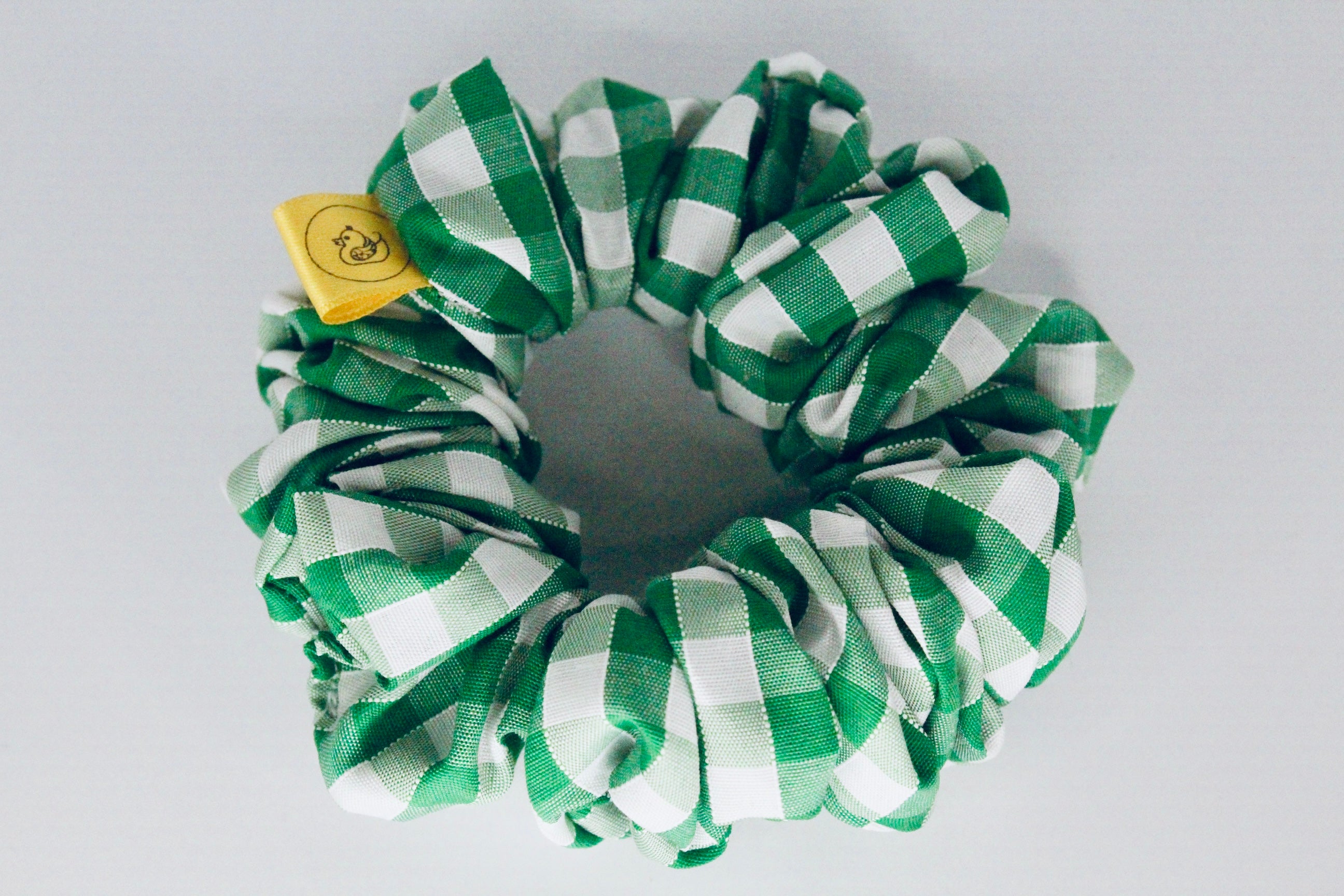 Green and white gingham check hair scrunchie