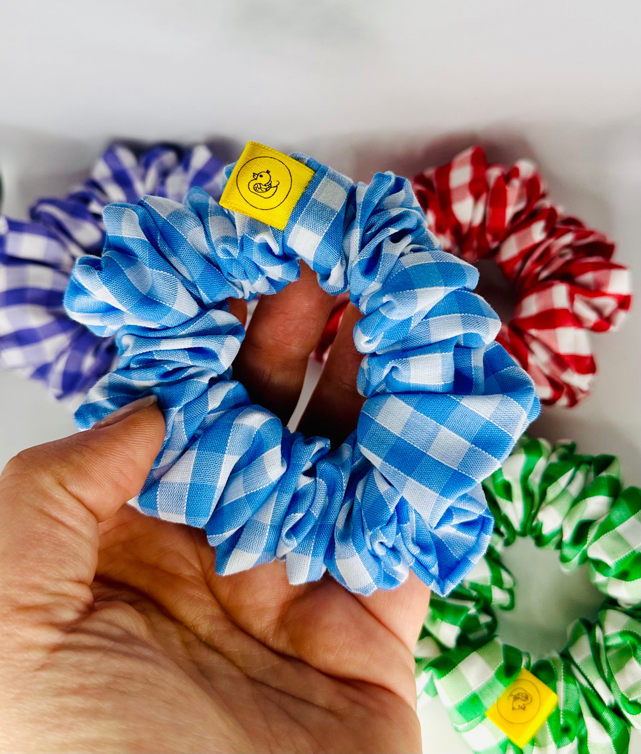 Green and white gingham check hair scrunchie