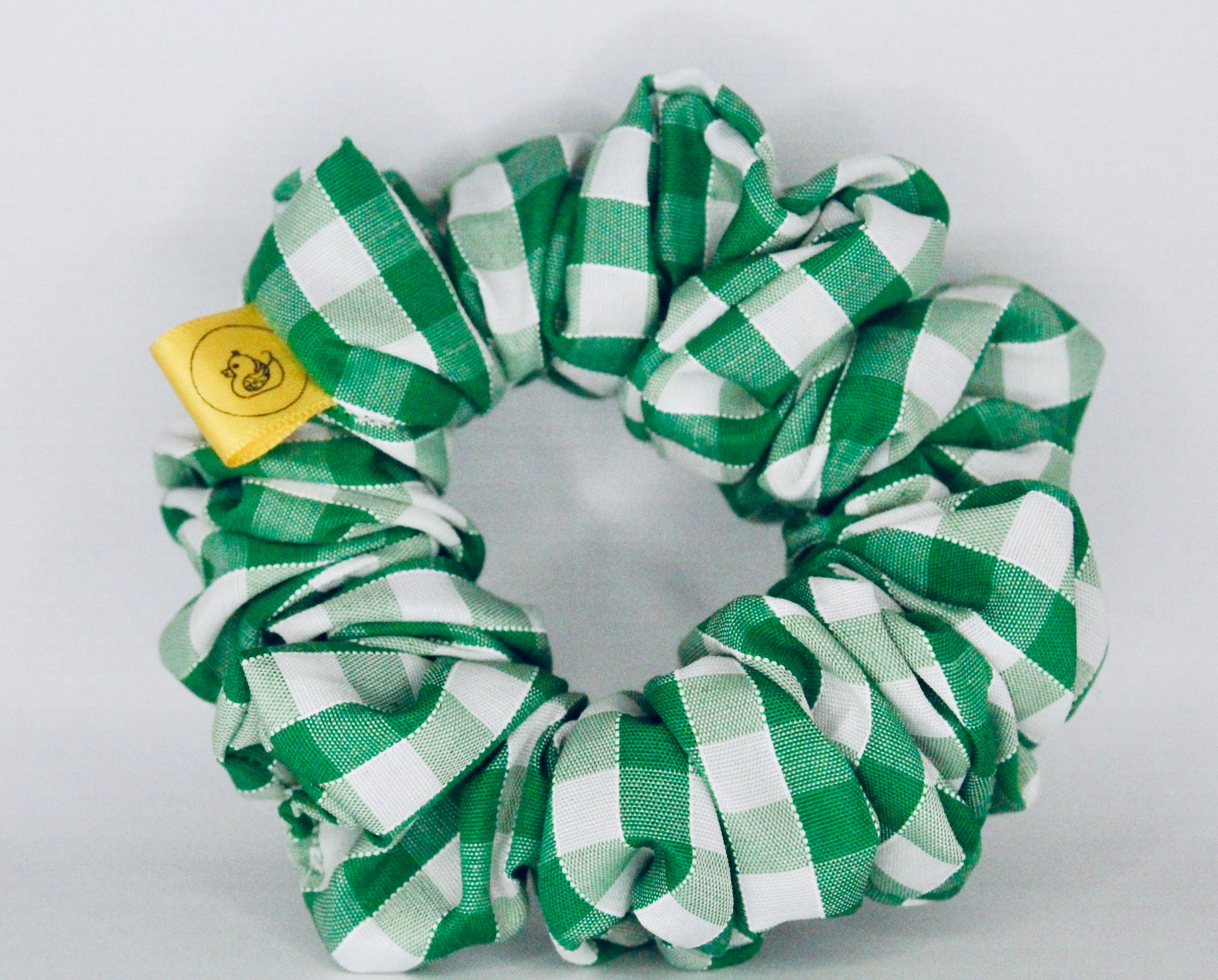 Green and white gingham check hair scrunchie