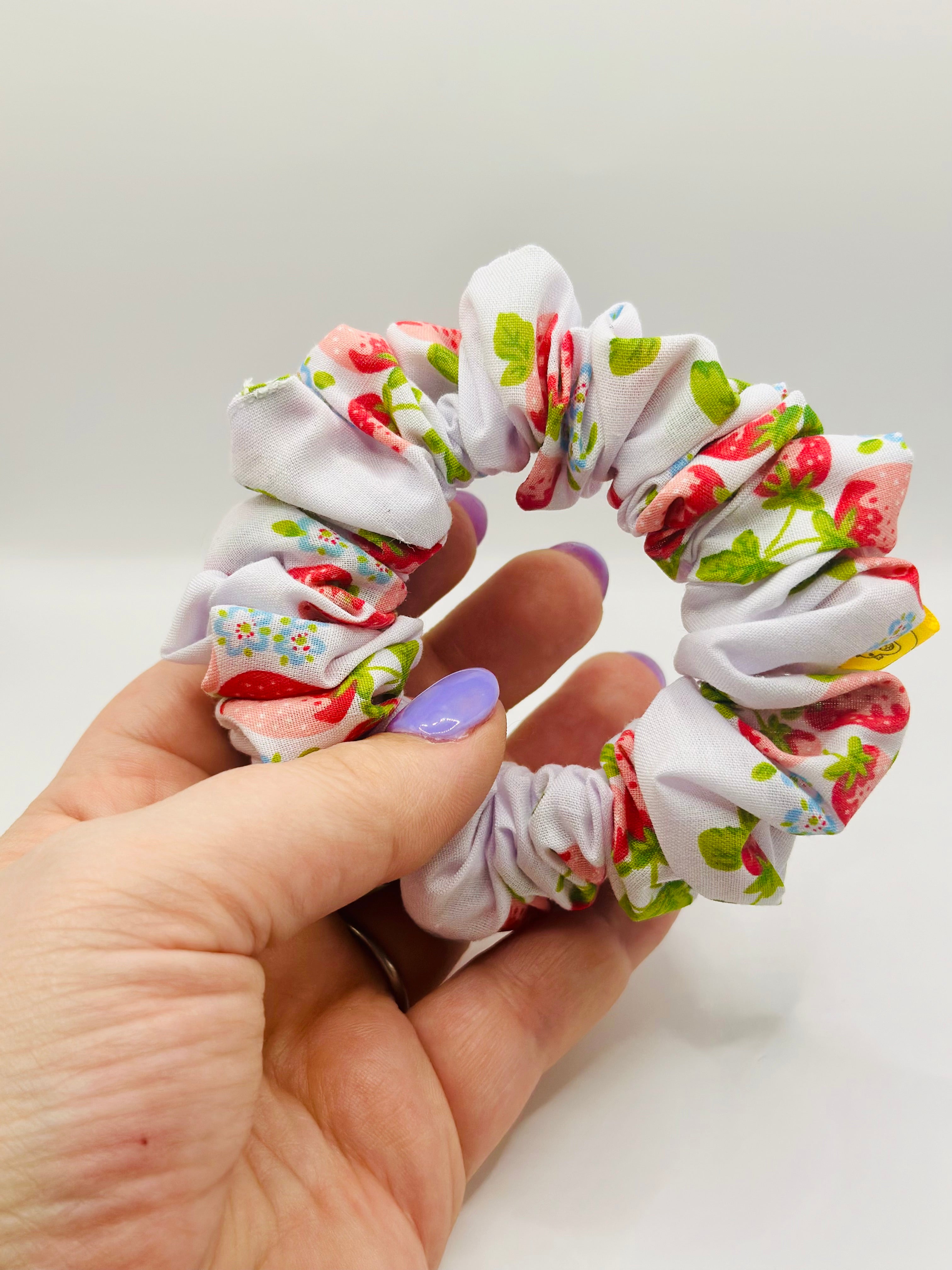 White red Strawberry cotton handmade hair scrunchie