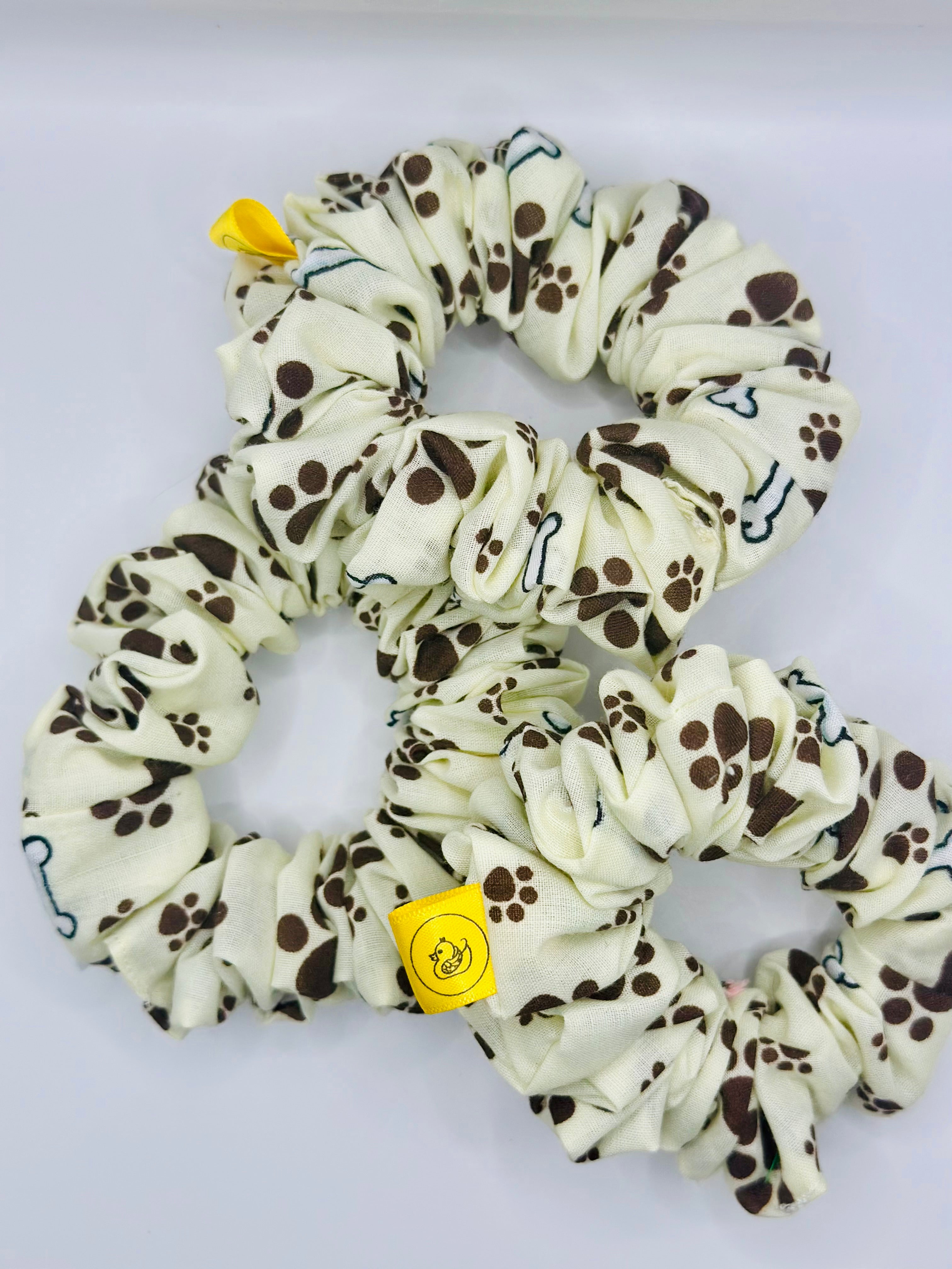 Paws and Bones Doggy Love Cream and Brown cotton hair scrunchie