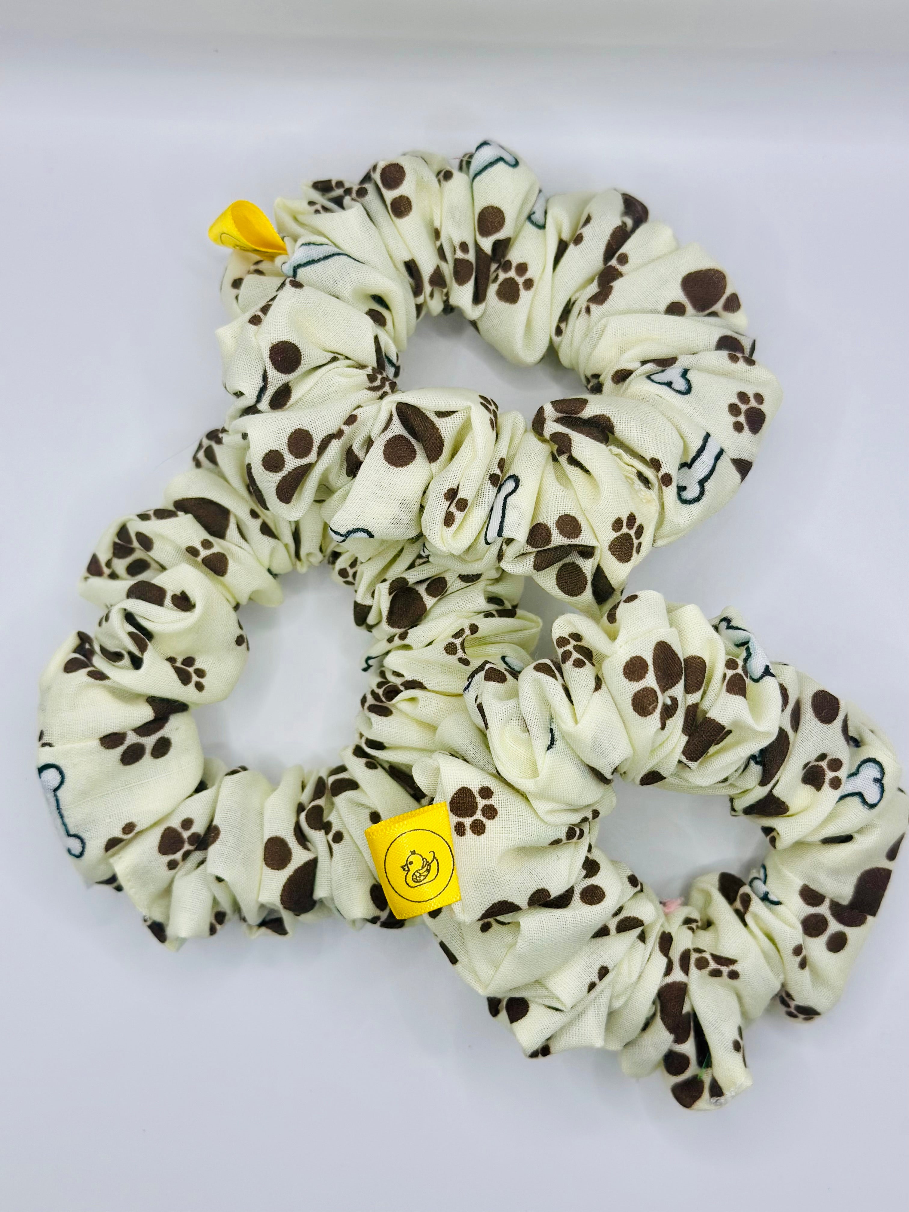 Paws and Bones Doggy Love Cream and Brown cotton hair scrunchie