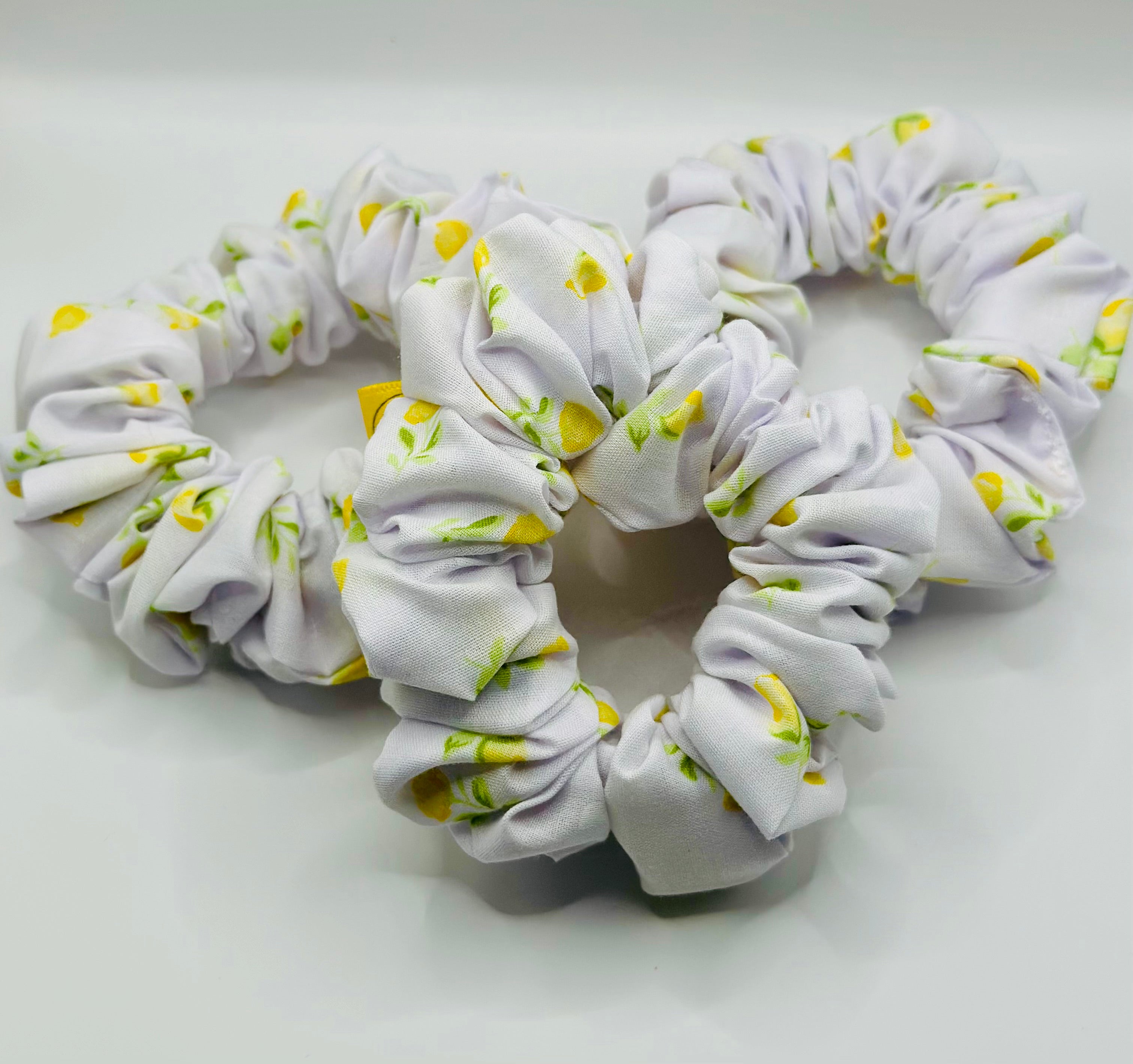 White and Yellow tulip cotton hair scrunchie