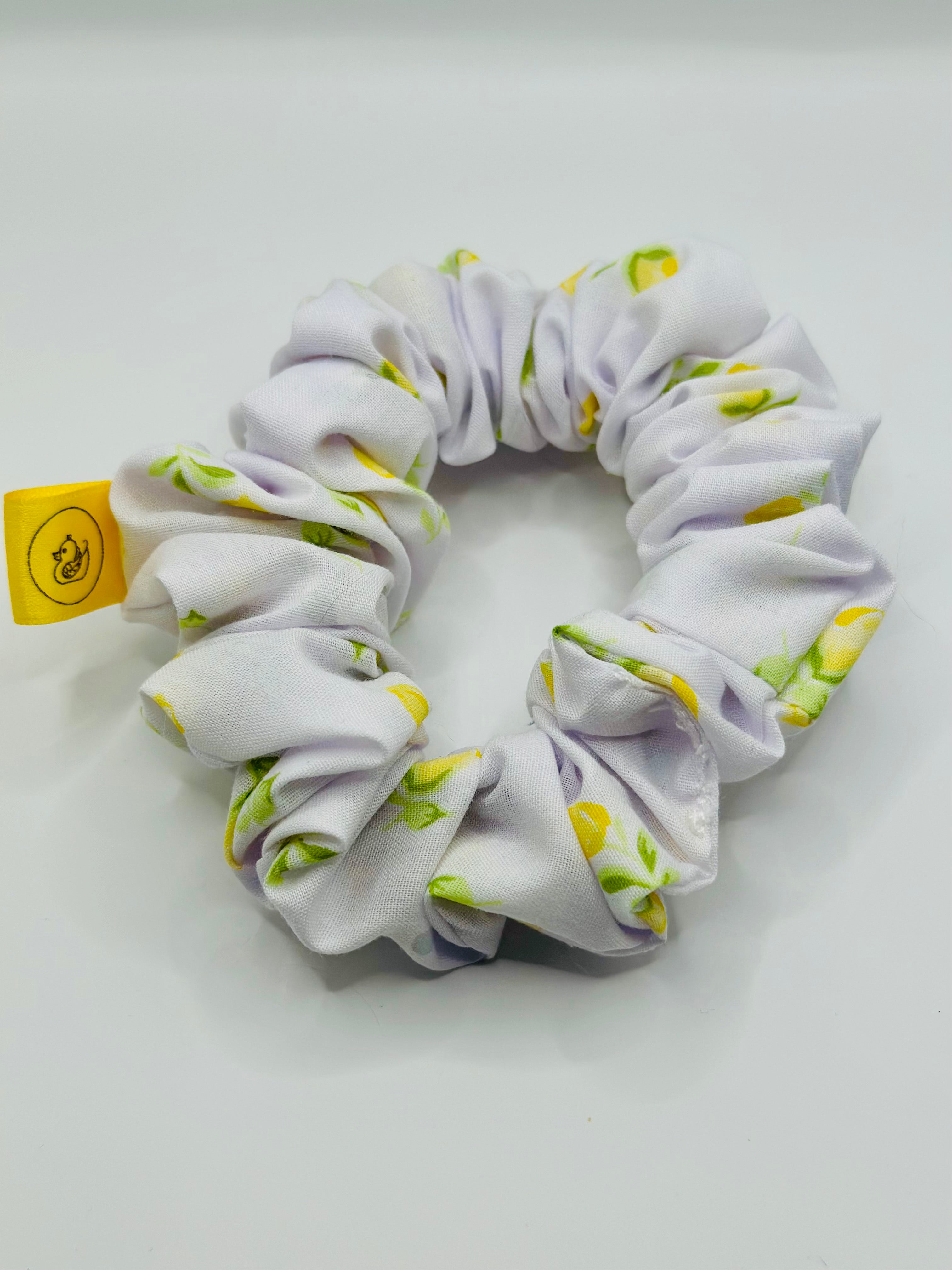 White and Yellow tulip cotton hair scrunchie