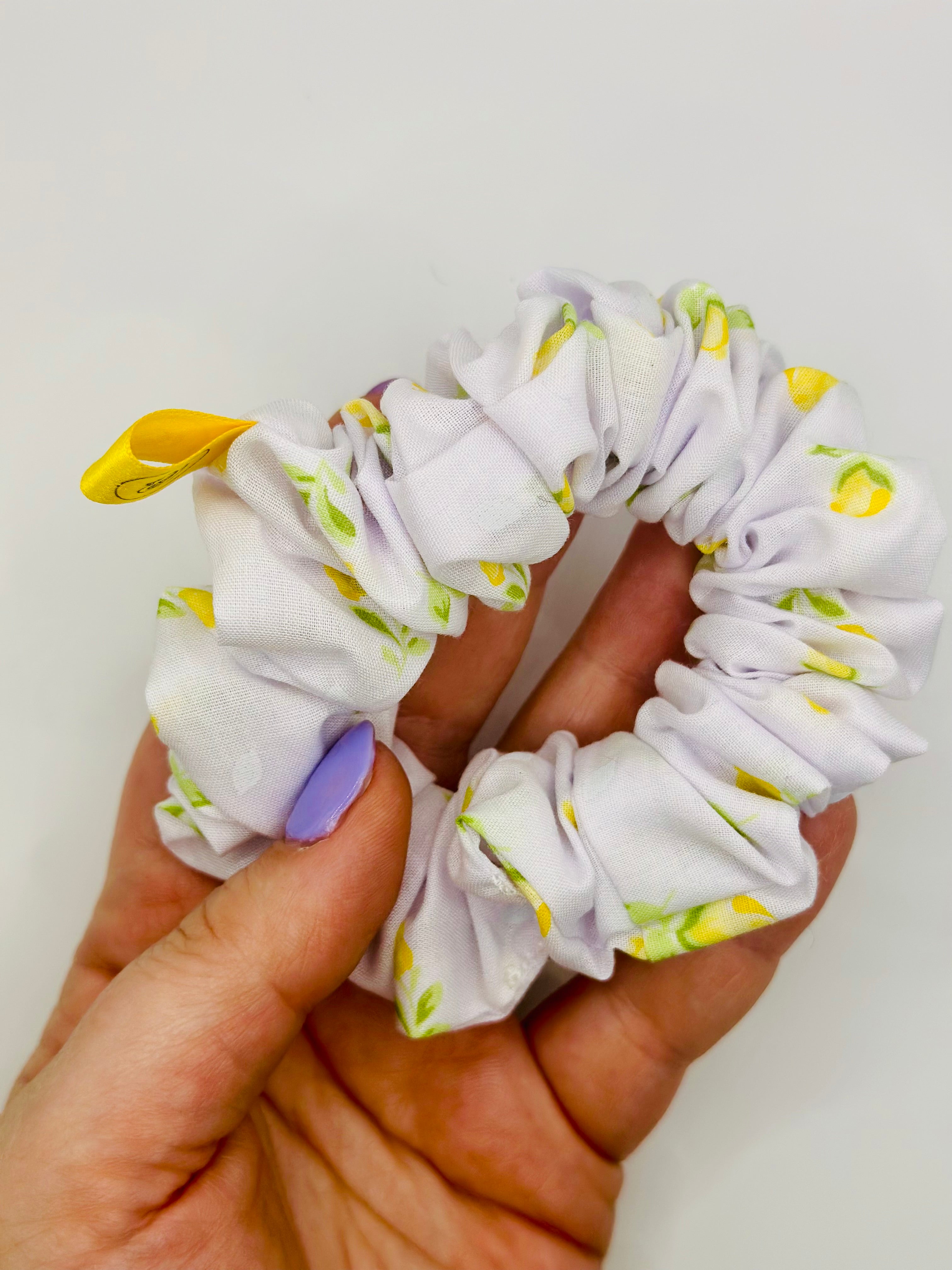 White and Yellow tulip cotton hair scrunchie