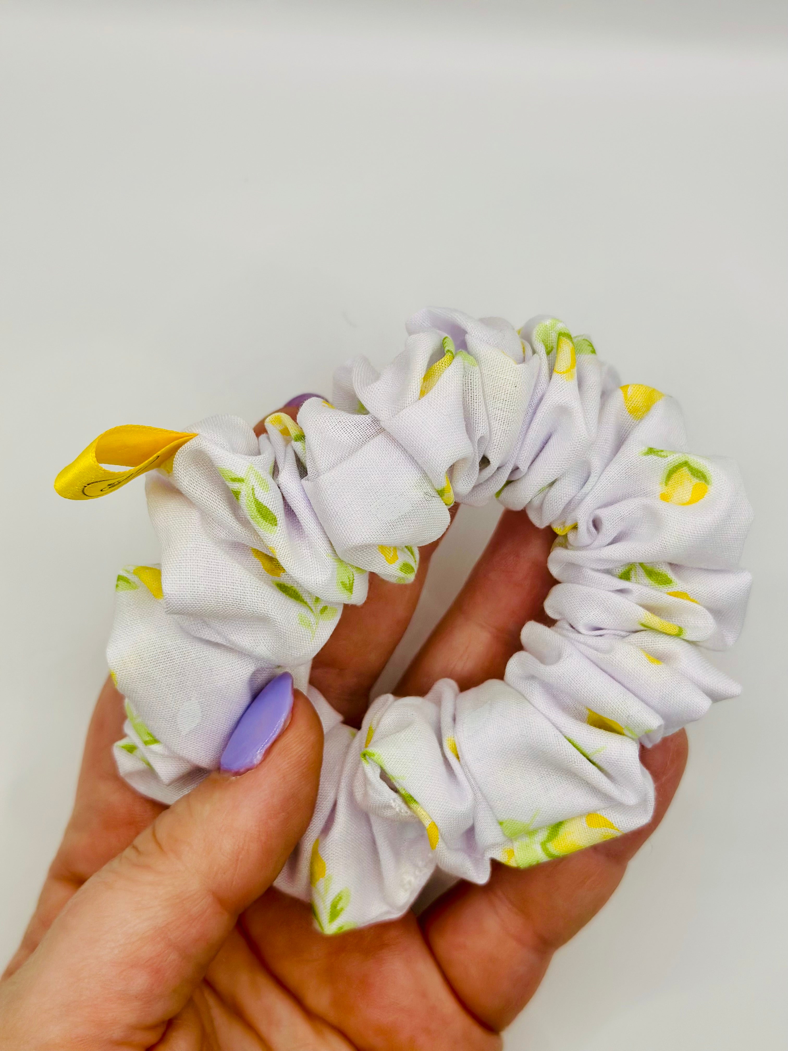 White and Yellow tulip cotton hair scrunchie