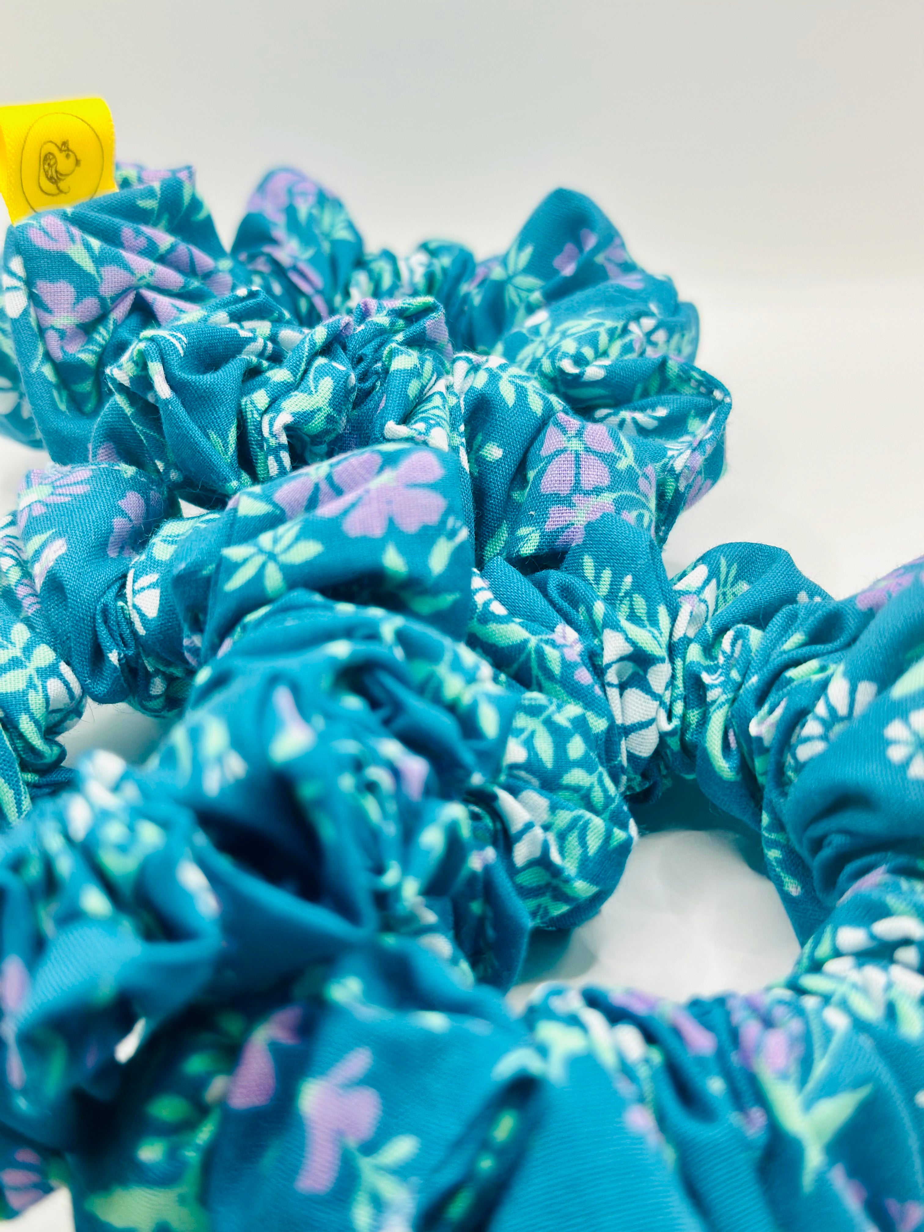 Turquoise and Purple floral cotton hair scrunchie