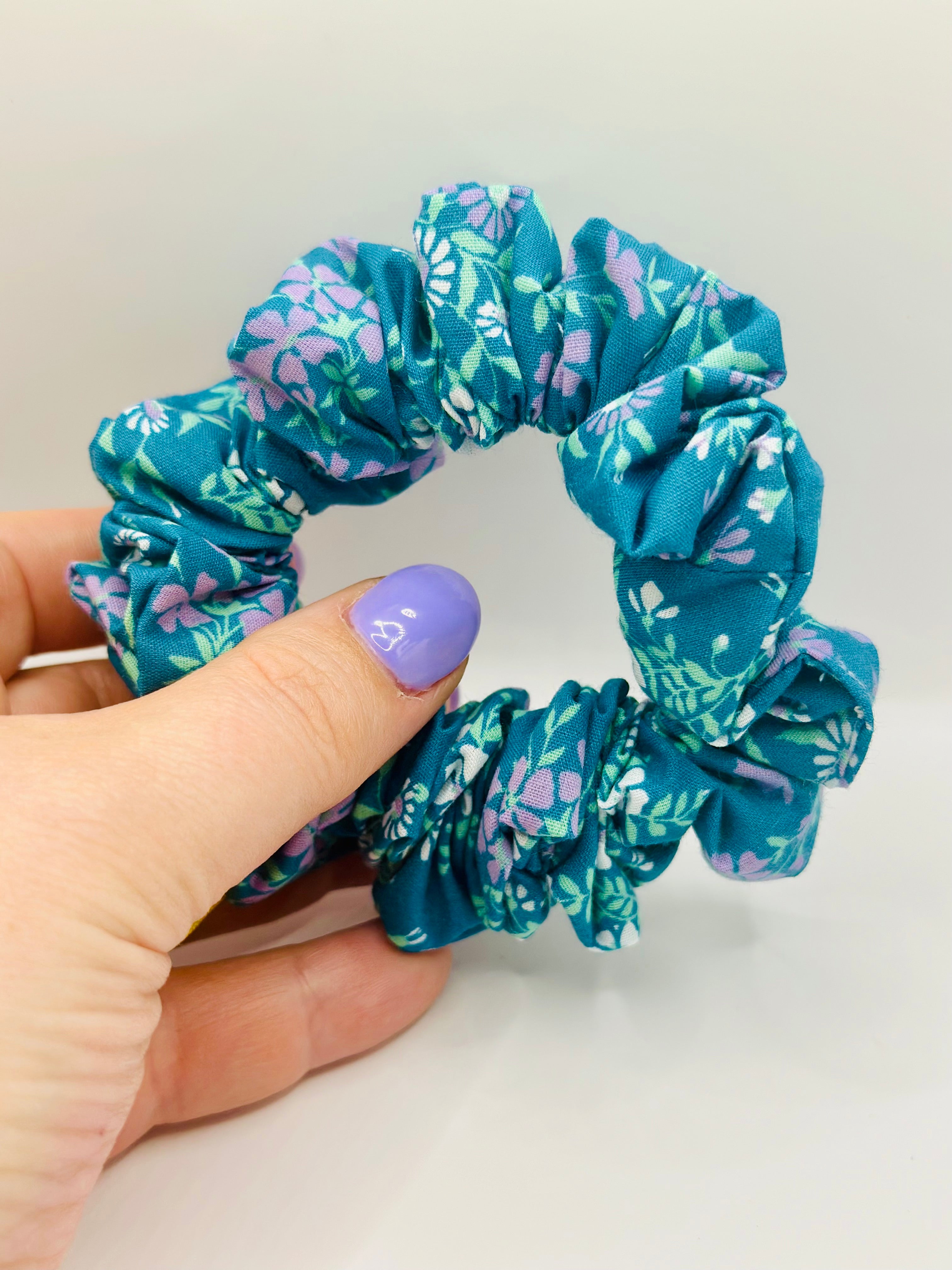 Turquoise and Purple floral cotton hair scrunchie