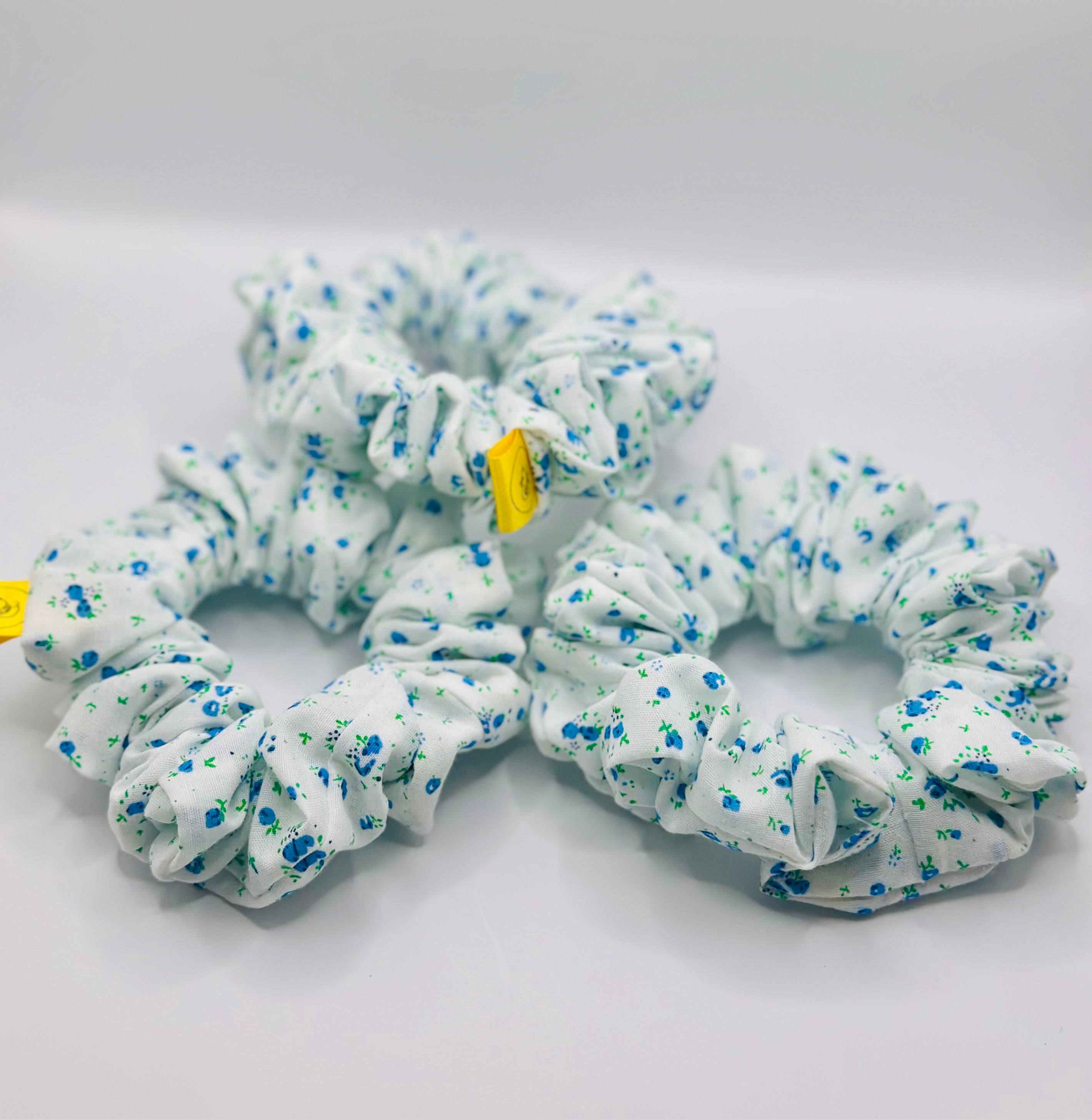 White and Blue small floral design cotton hair scrunchie