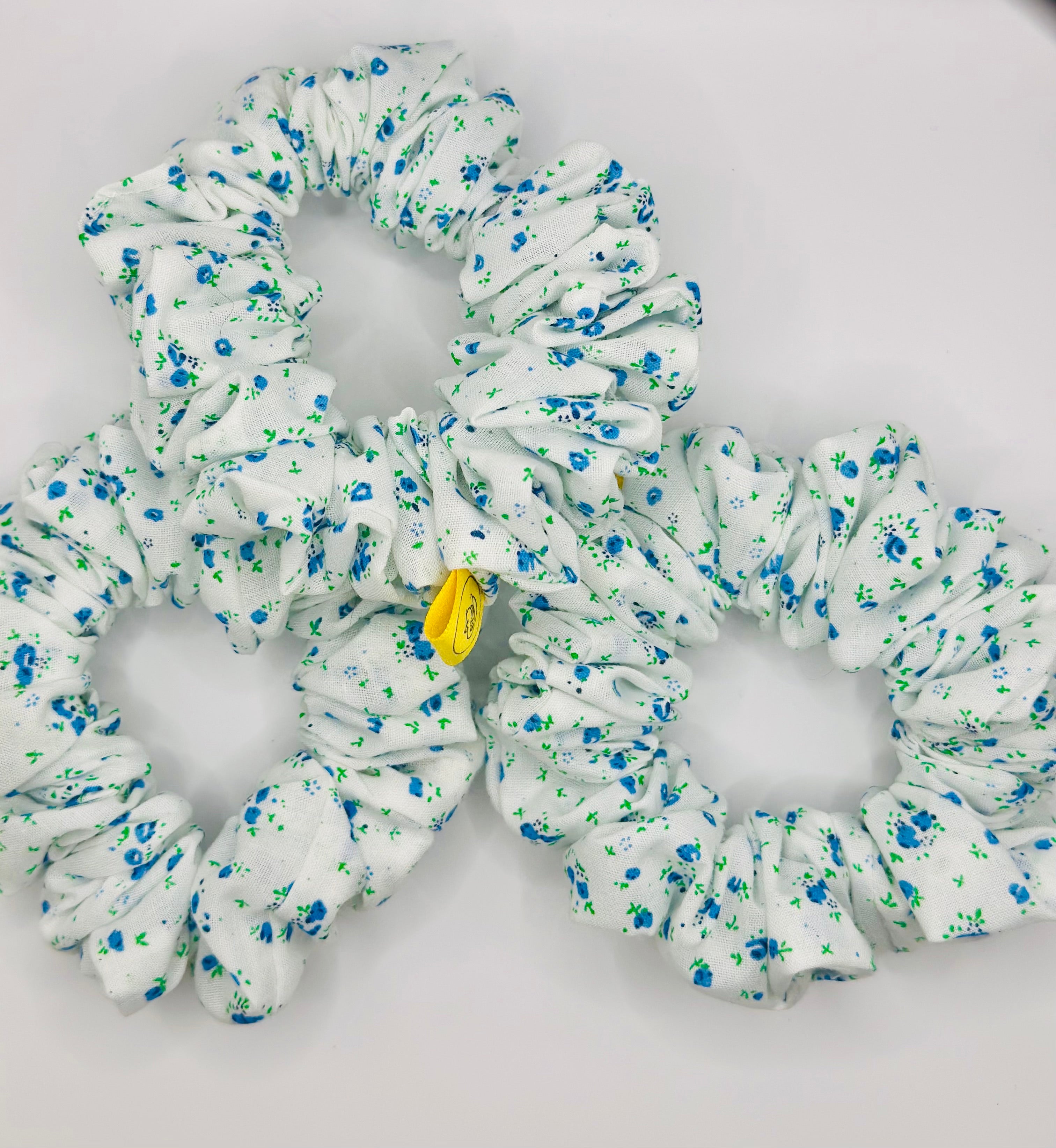 White and Blue small floral design cotton hair scrunchie