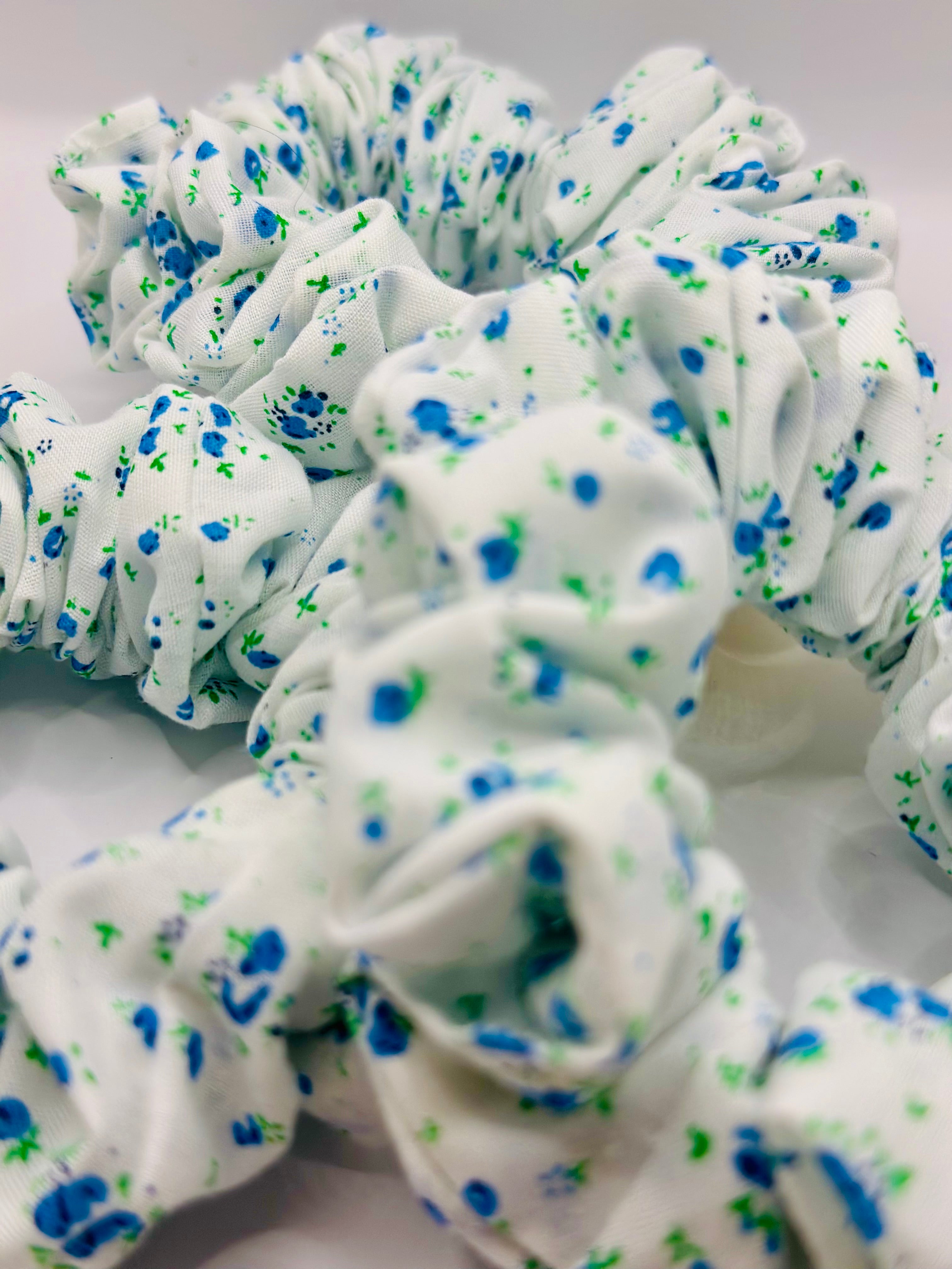 White and Blue small floral design cotton hair scrunchie