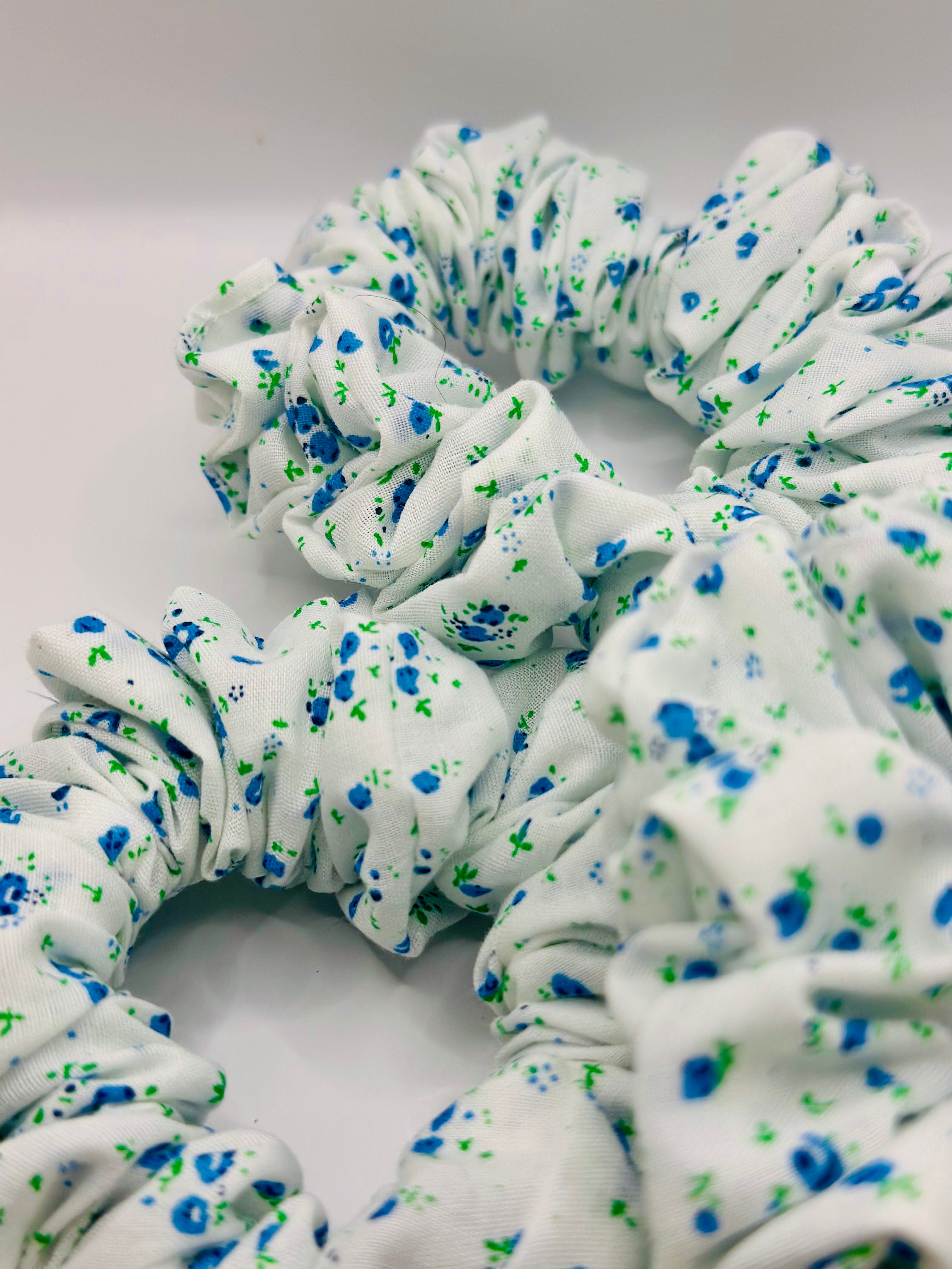 White and Blue small floral design cotton hair scrunchie