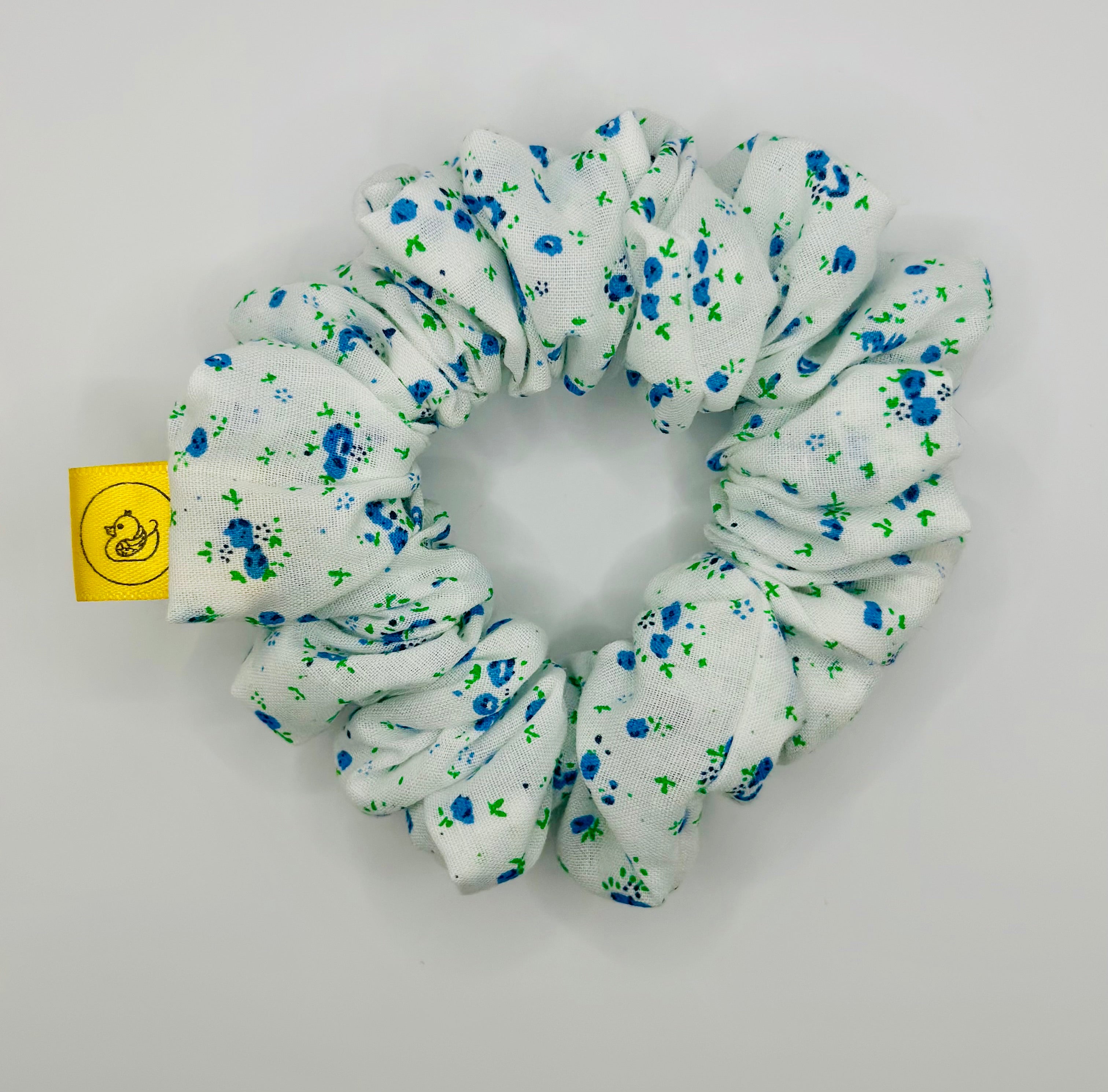 White and Blue small floral design cotton hair scrunchie