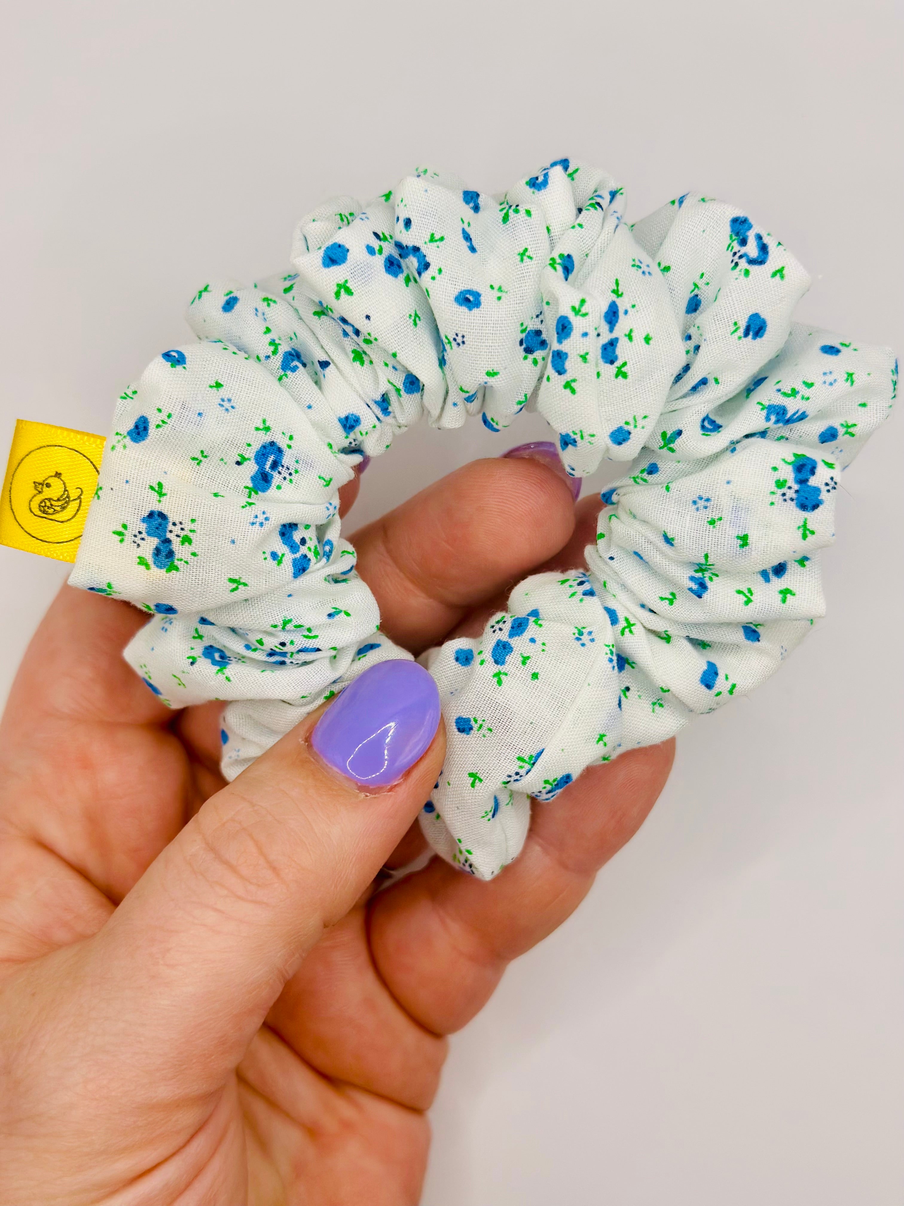 White and Blue small floral design cotton hair scrunchie