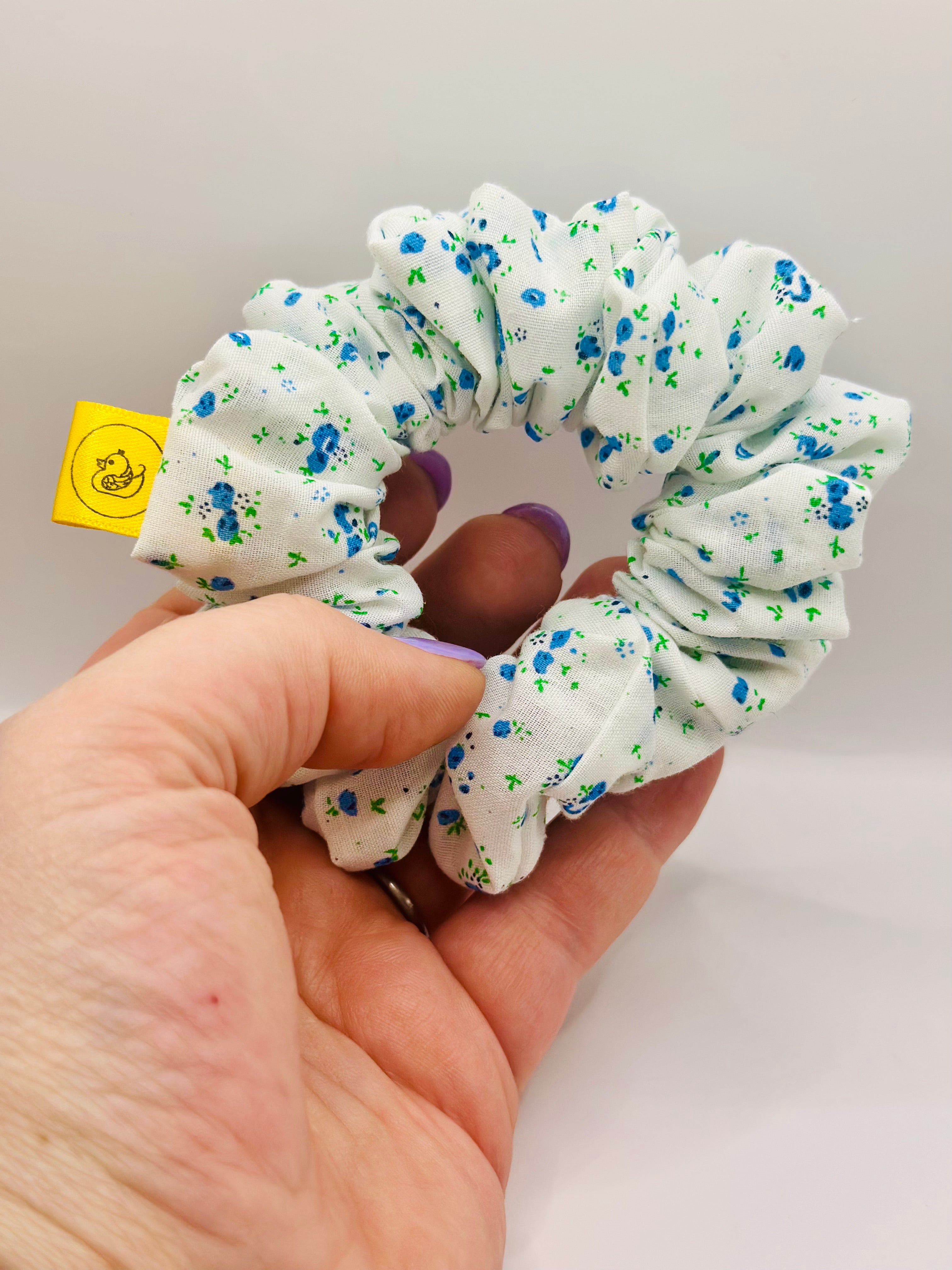 White and Blue small floral design cotton hair scrunchie