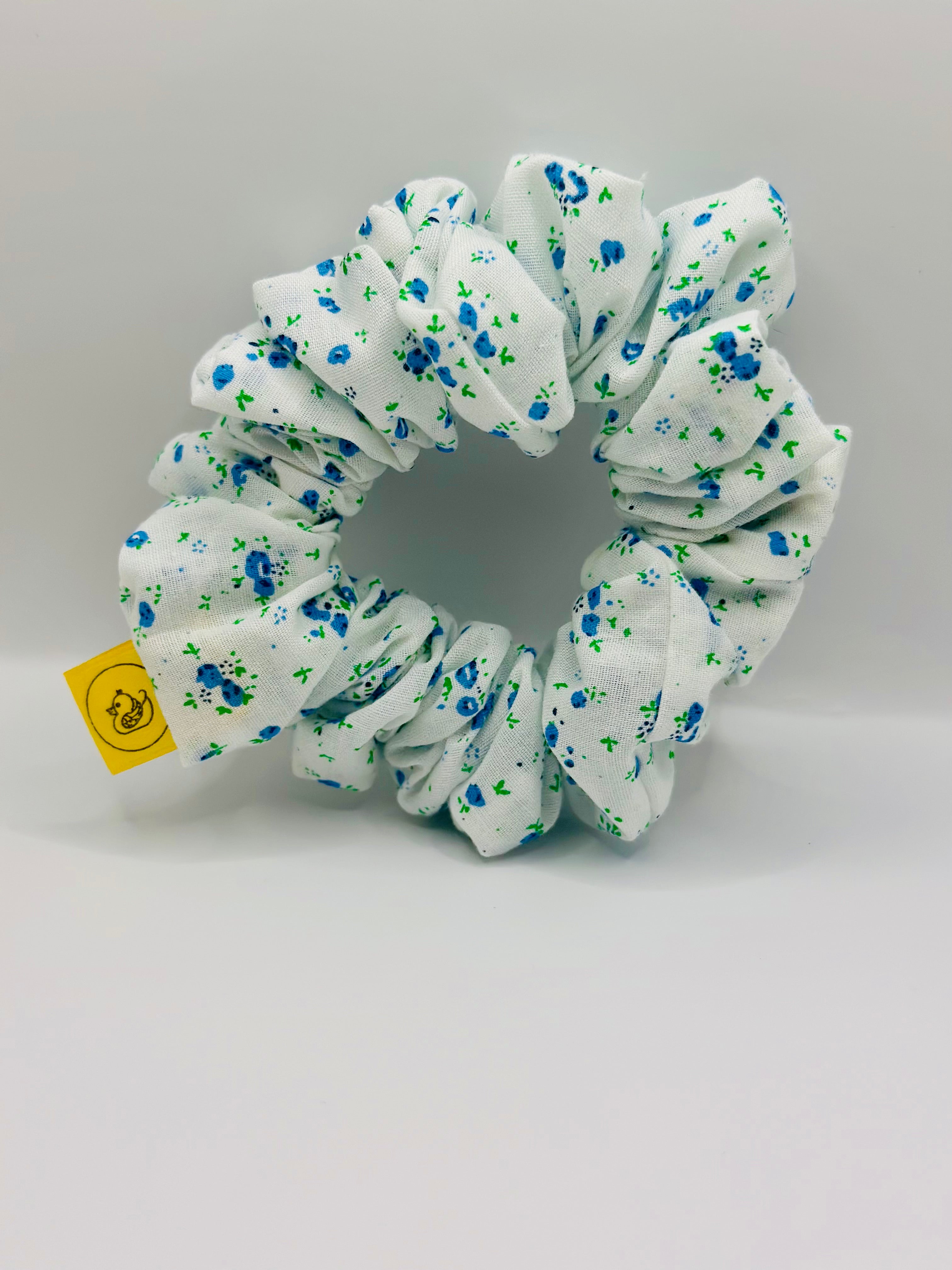 White and Blue small floral design cotton hair scrunchie