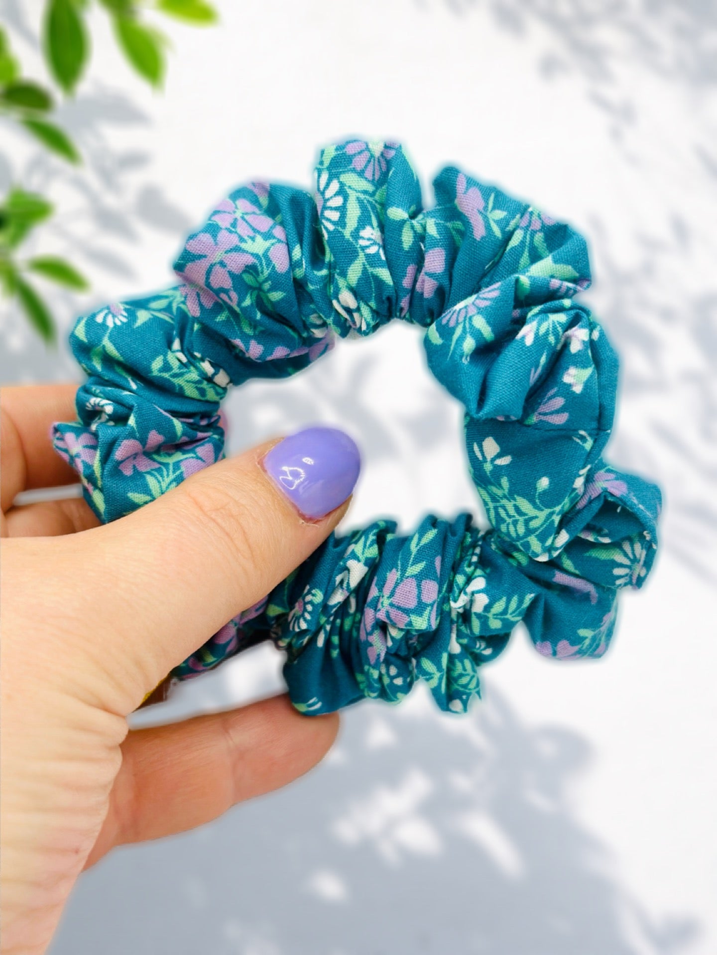 Turquoise and Purple floral cotton hair scrunchie