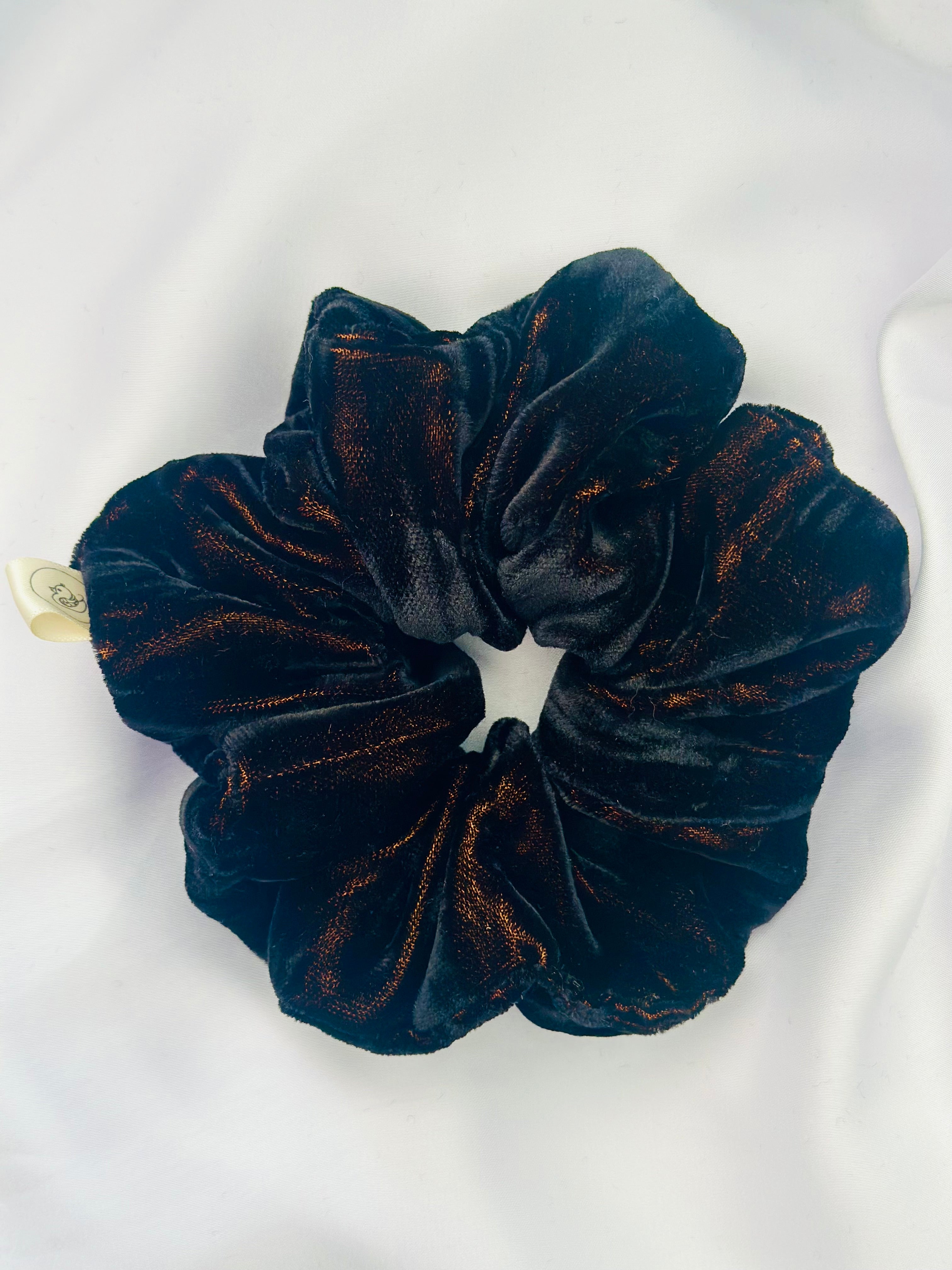 Black and Gold crushed velvet hair scrunchie