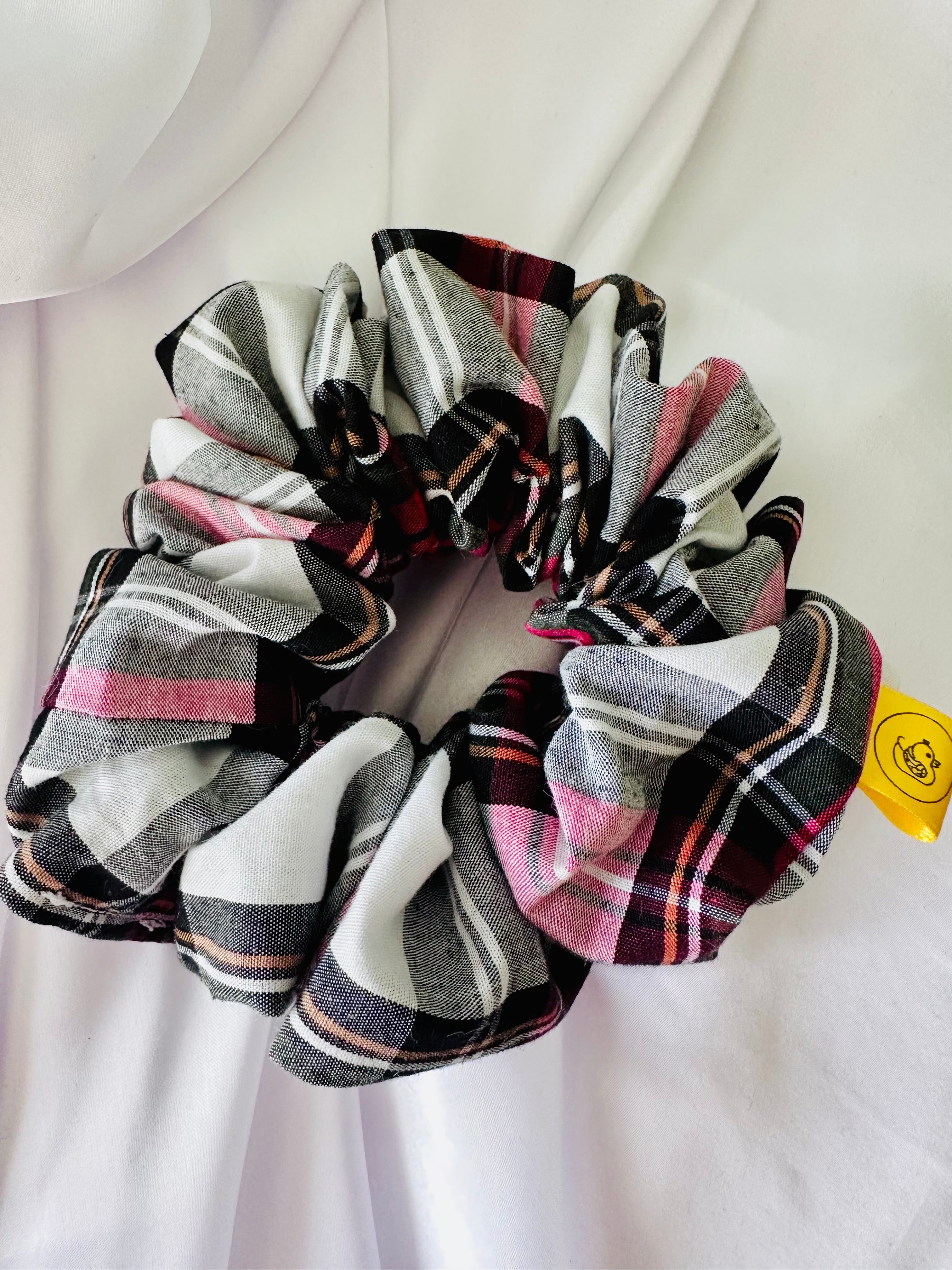 White red and green Tartan Hair Scrunchie