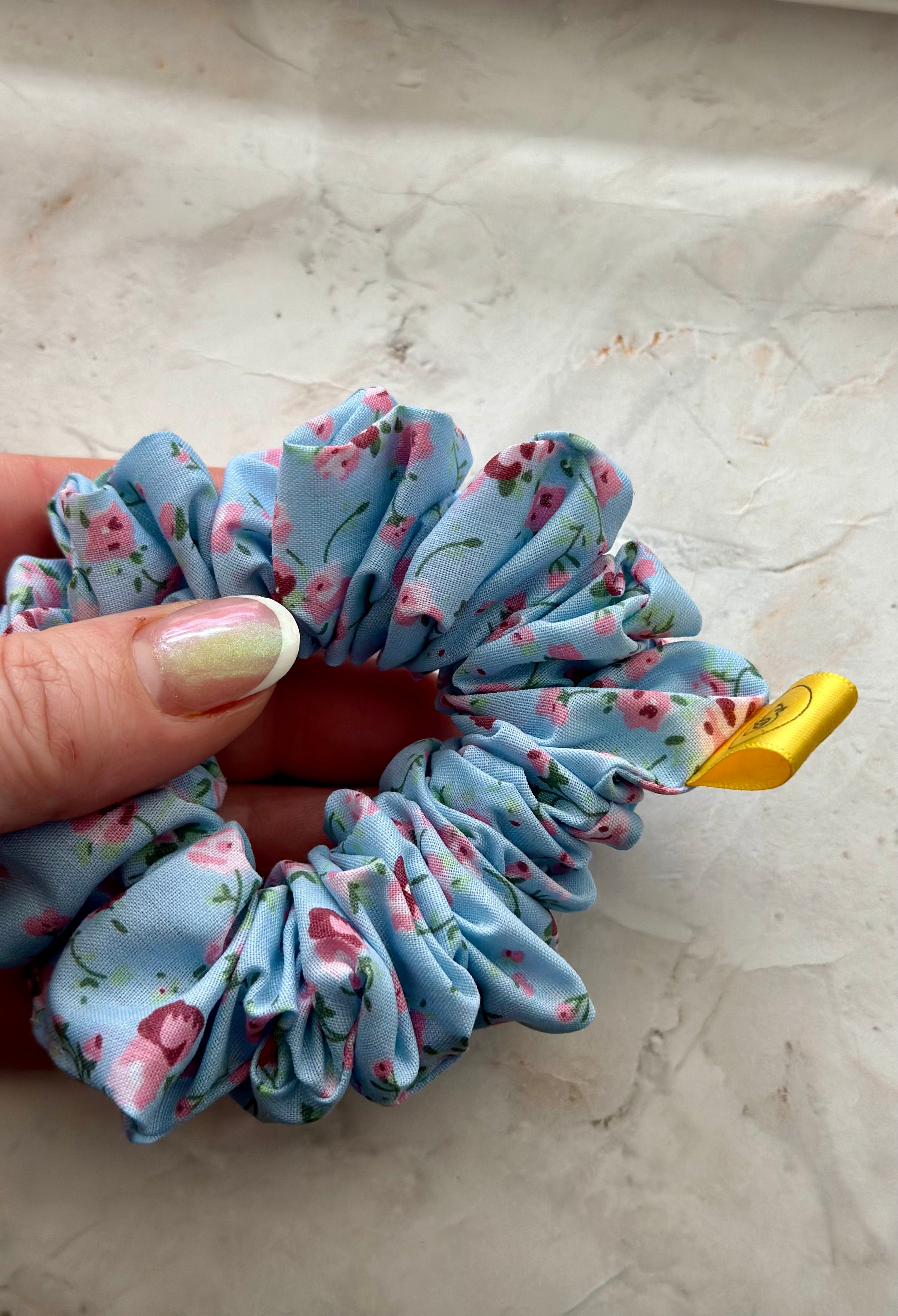 Light blue and pink floral Hair Scrunchie