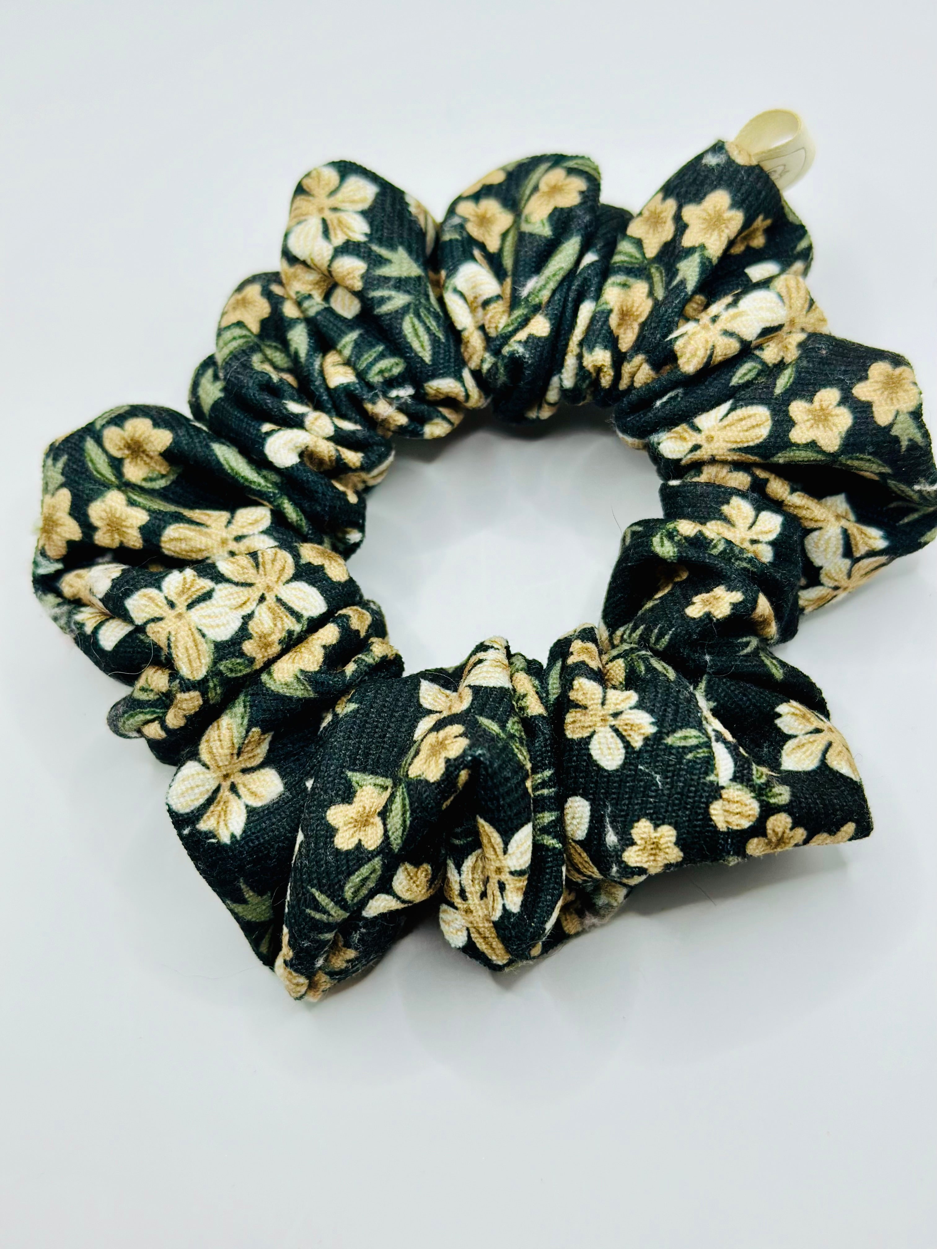 Black floral soft corduroy hair scrunchie