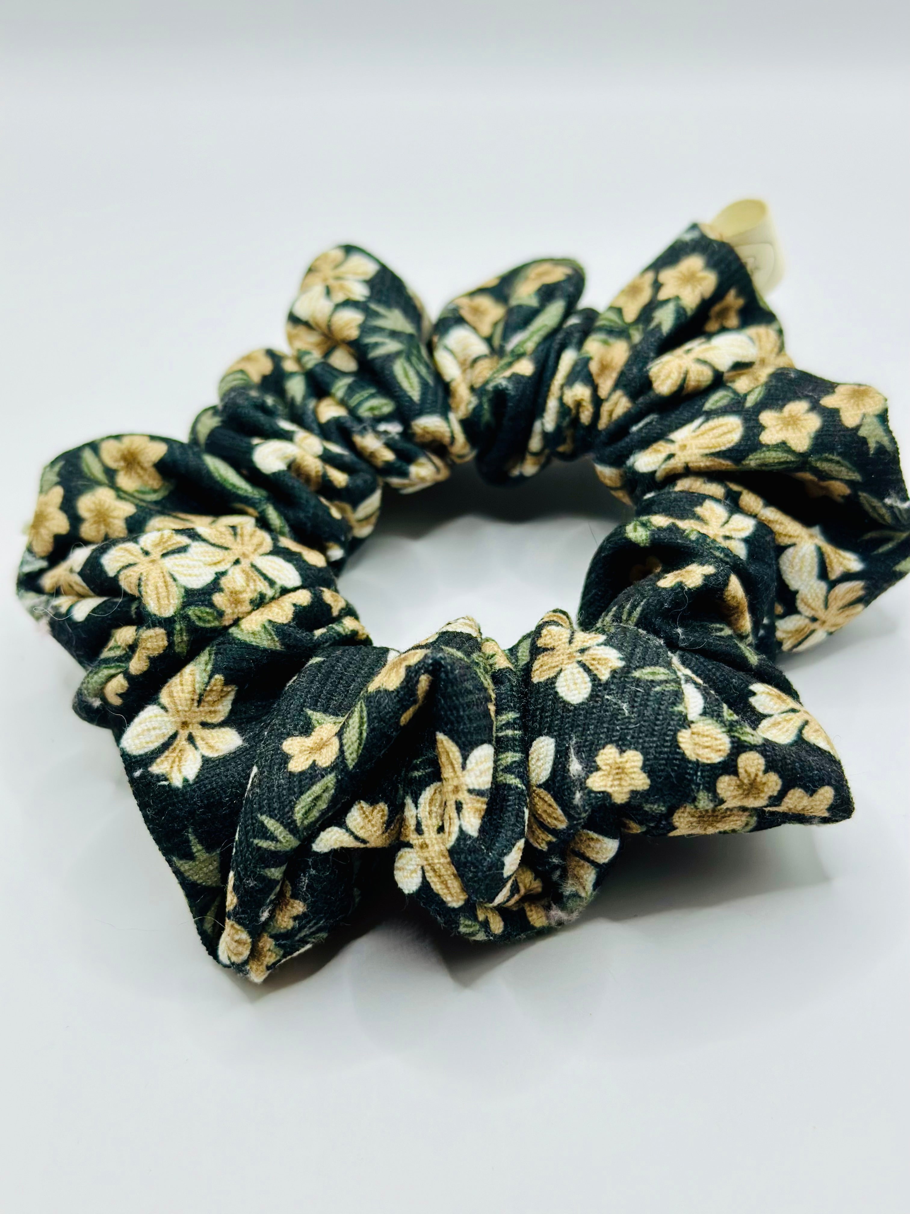 Black floral soft corduroy hair scrunchie