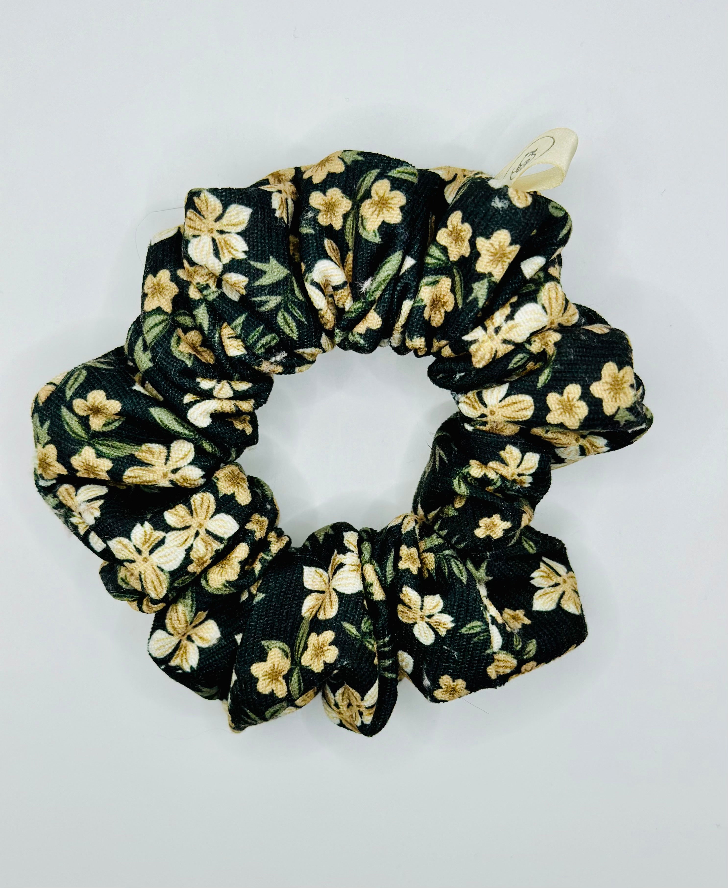 Black floral soft corduroy hair scrunchie