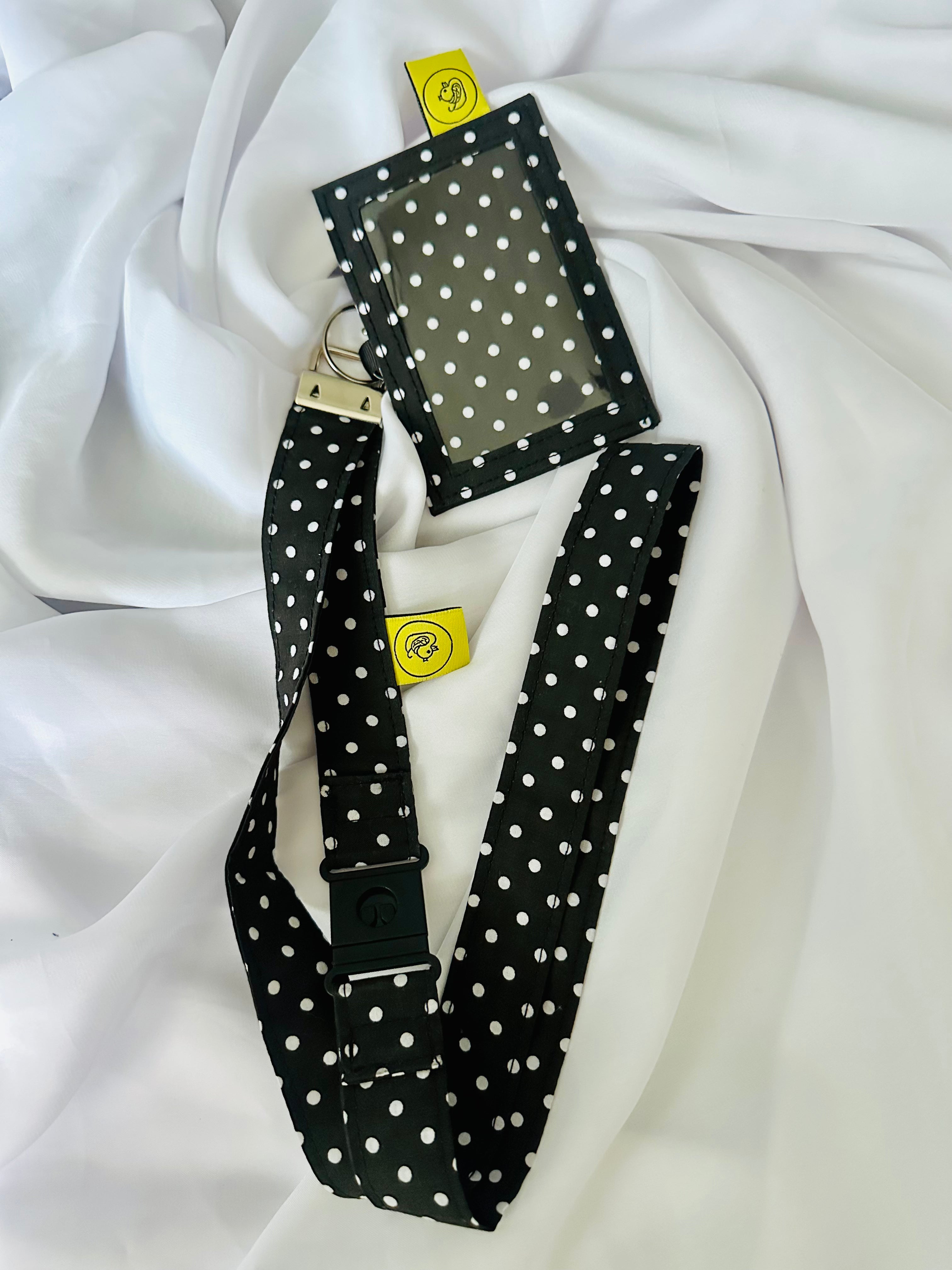 Black and White Polka Dot Cotton Landyard and ID Holder