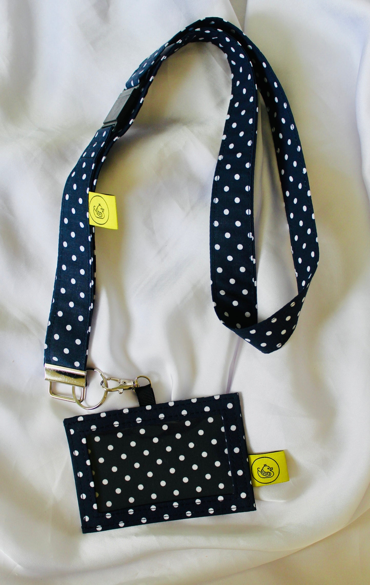 Navy and white polka dot Cotton Landyard and ID Holder