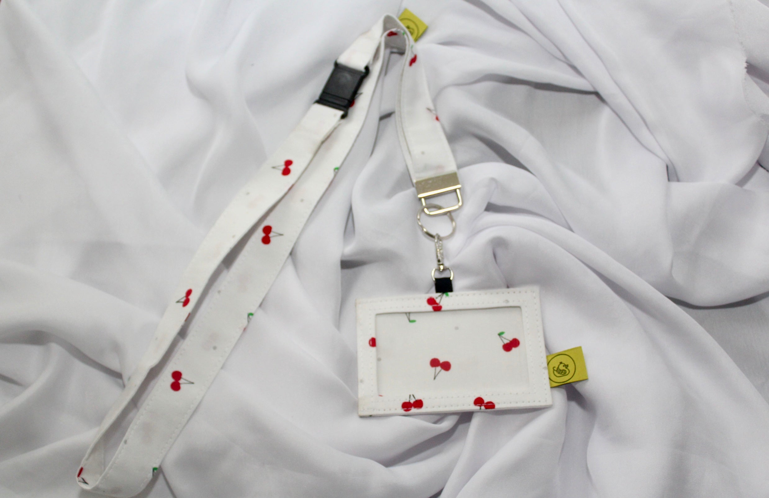 White Cherries Cotton Landyard and ID Holder