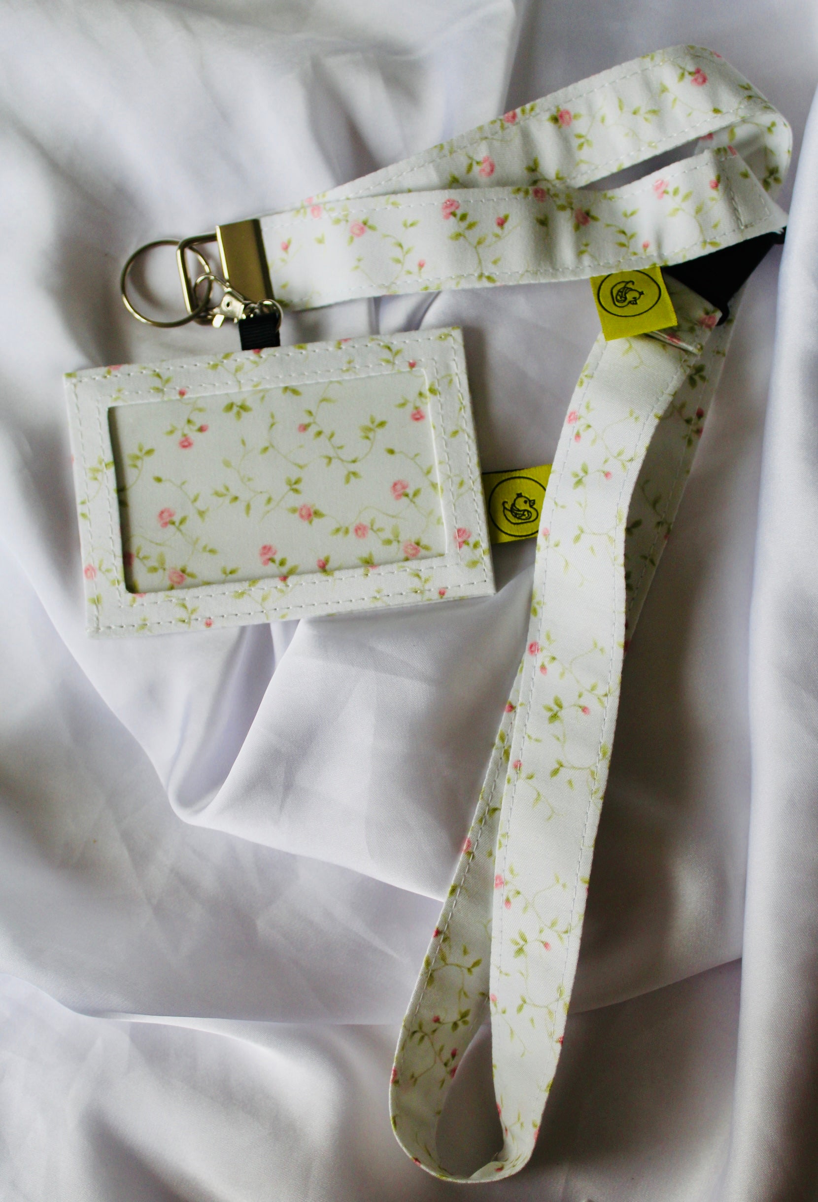 White and Pink floral Cotton Landyard and ID Holder